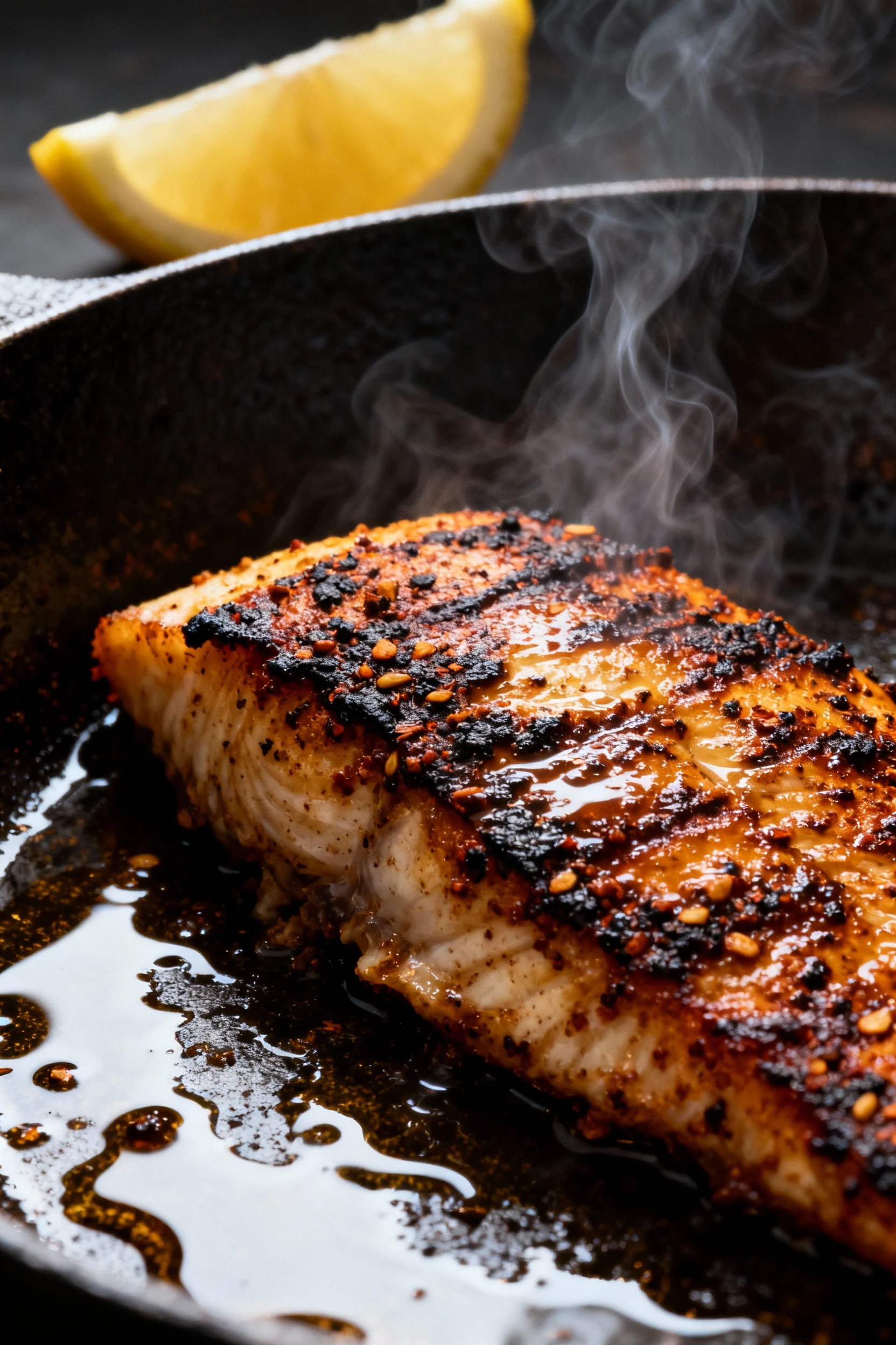 Cajun blackened catfish searing in smoking-hot cast iron: butter-glossed fillet with charred spice crust, sizzling edges