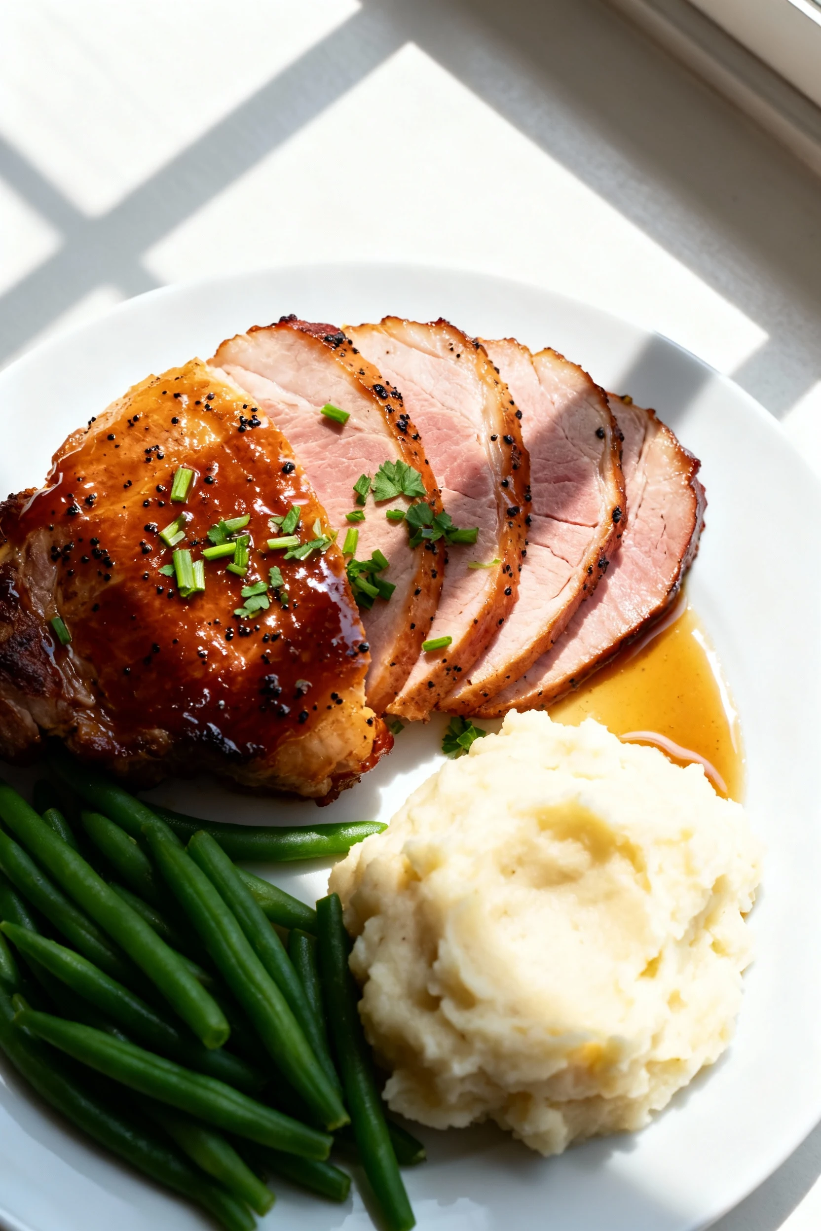 Tasty top view: overhead shot of glazed ham steak sliced and fanned on a white plate, sticky sheen with black pepper fle