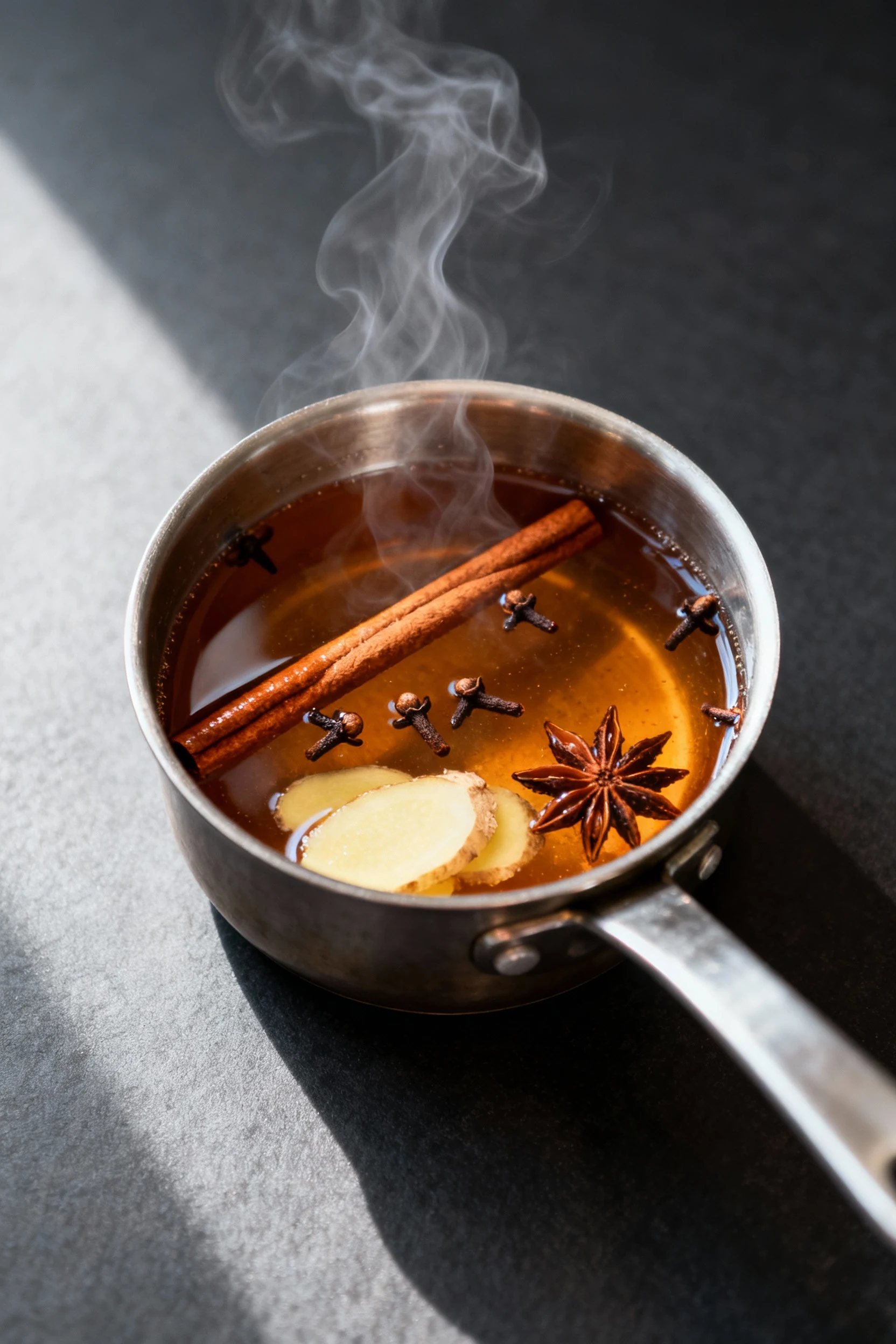 Process shot: spiced simple syrup simmering in a small saucepan, glossy amber liquid with cinnamon sticks, cloves, star 