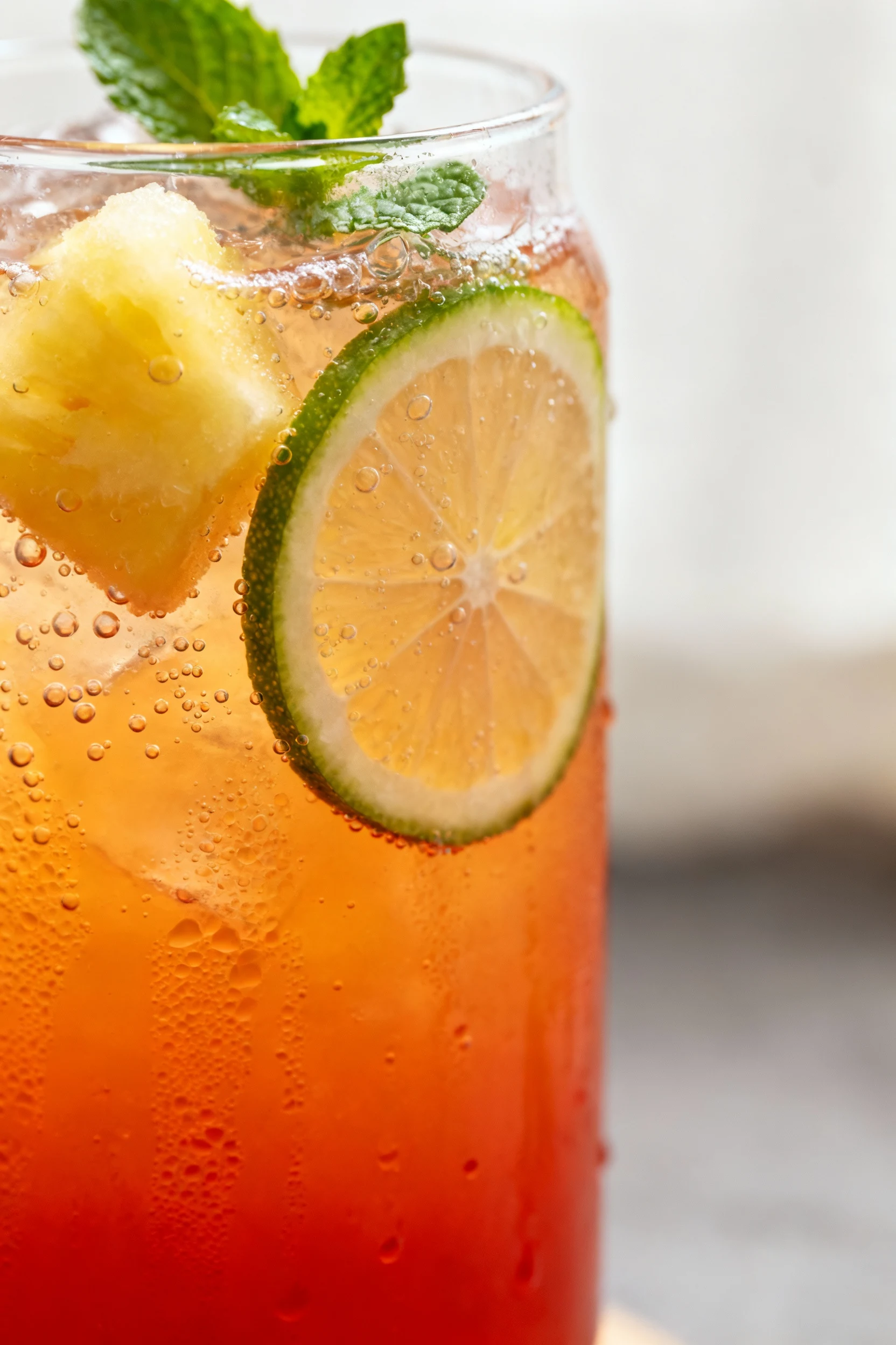2. Close-up detail of a chilled glass of punch showing effervescent bubbles and condensation beads, a vibrant gradient f