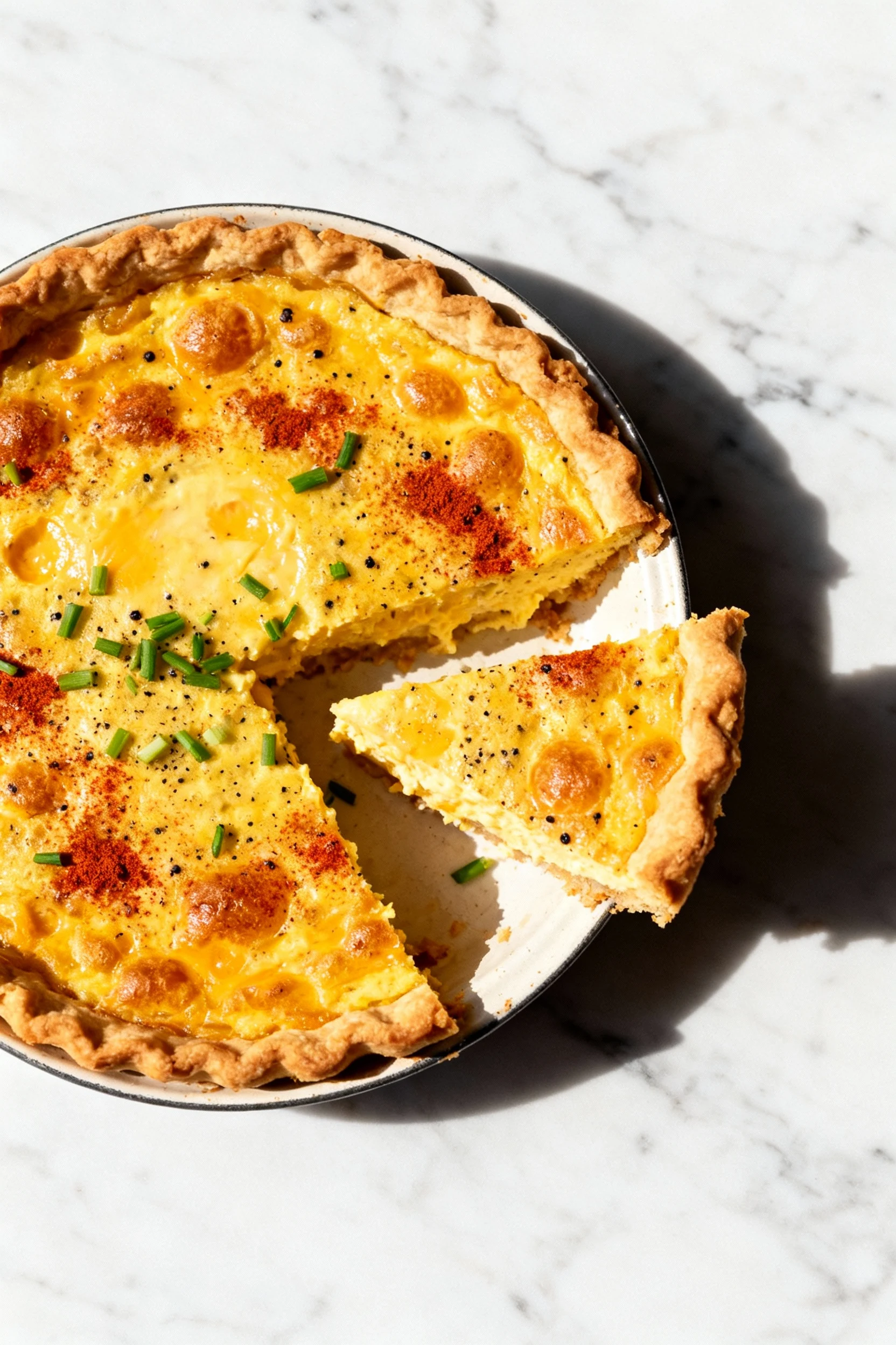 Overhead shot of a golden crustless quiche just baked in its pie dish—set edges, slight center sheen, cheddar bubbles an