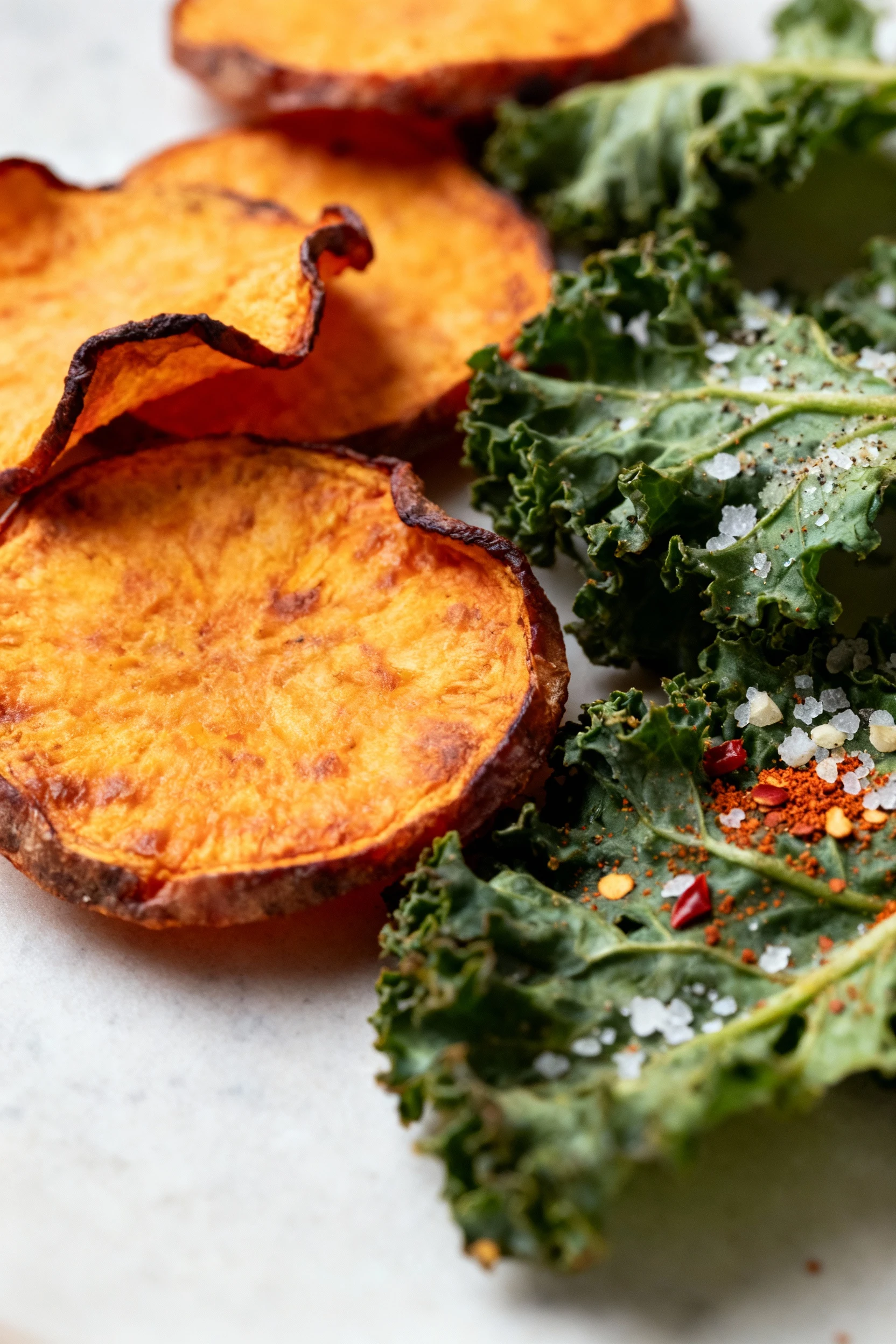 Macro close-up of veggie crisps: blistered sweet potato rounds with curled edges beside ultra-crisp kale chips coated in