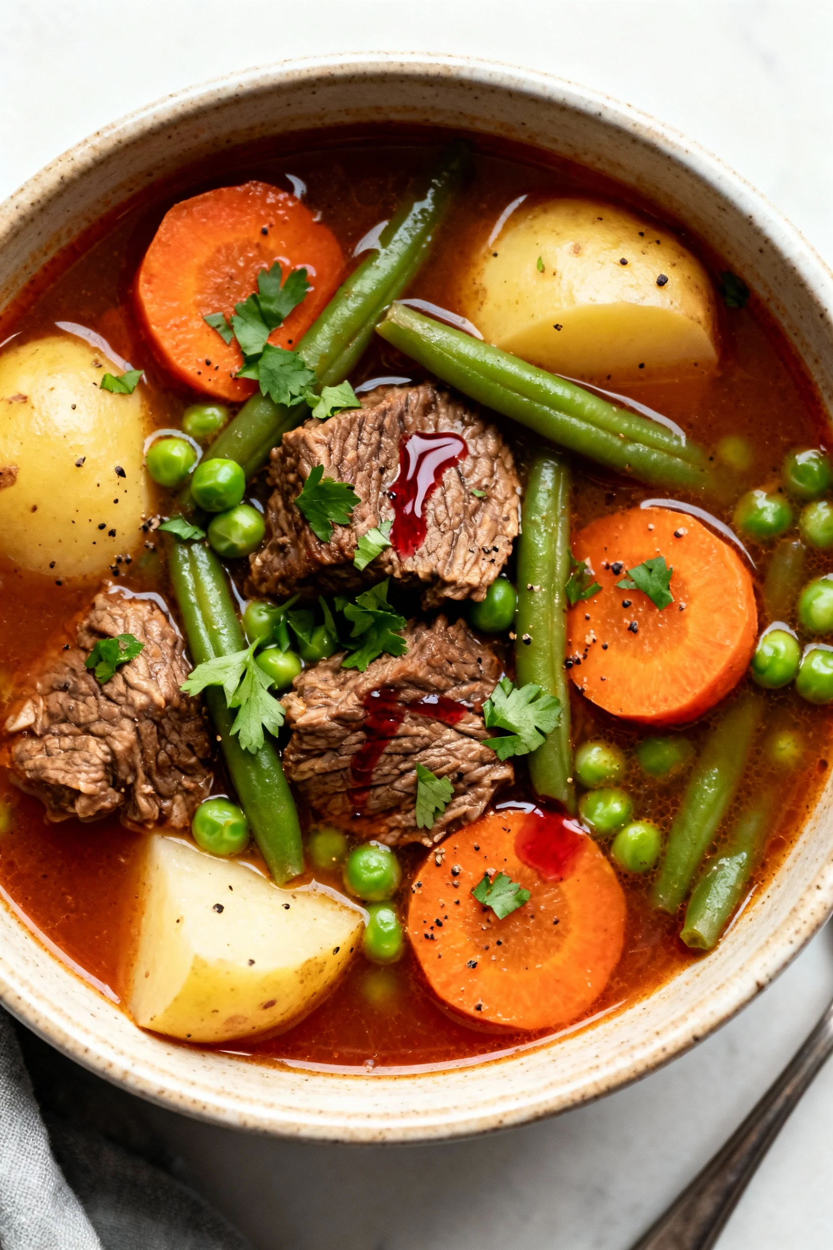 Overhead shot of classic veggie beef soup in a ceramic bowl: tender chuck, Yukon gold potatoes, carrot coins, green bean