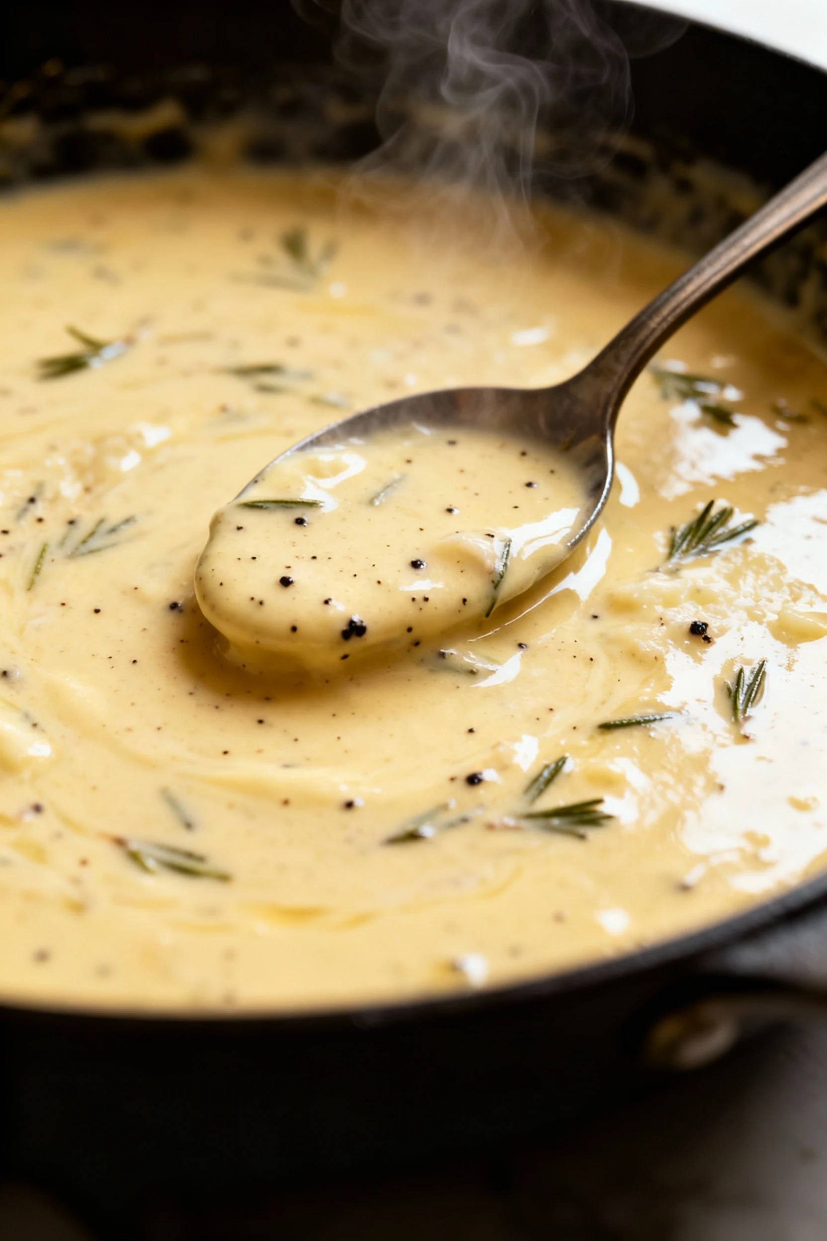 Sauce detail: silky garlic‑Parmesan cream sauce gently simmering post-deglaze in skillet; spoon resting shows nappe-thic