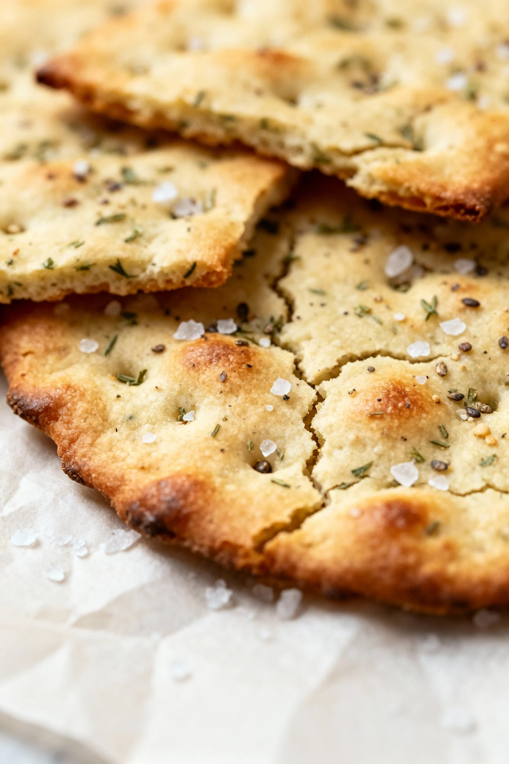 Close-up detail of ultra-thin sourdough discard herbed crackers on parchment, deeply golden edges, flaky salt and everyt