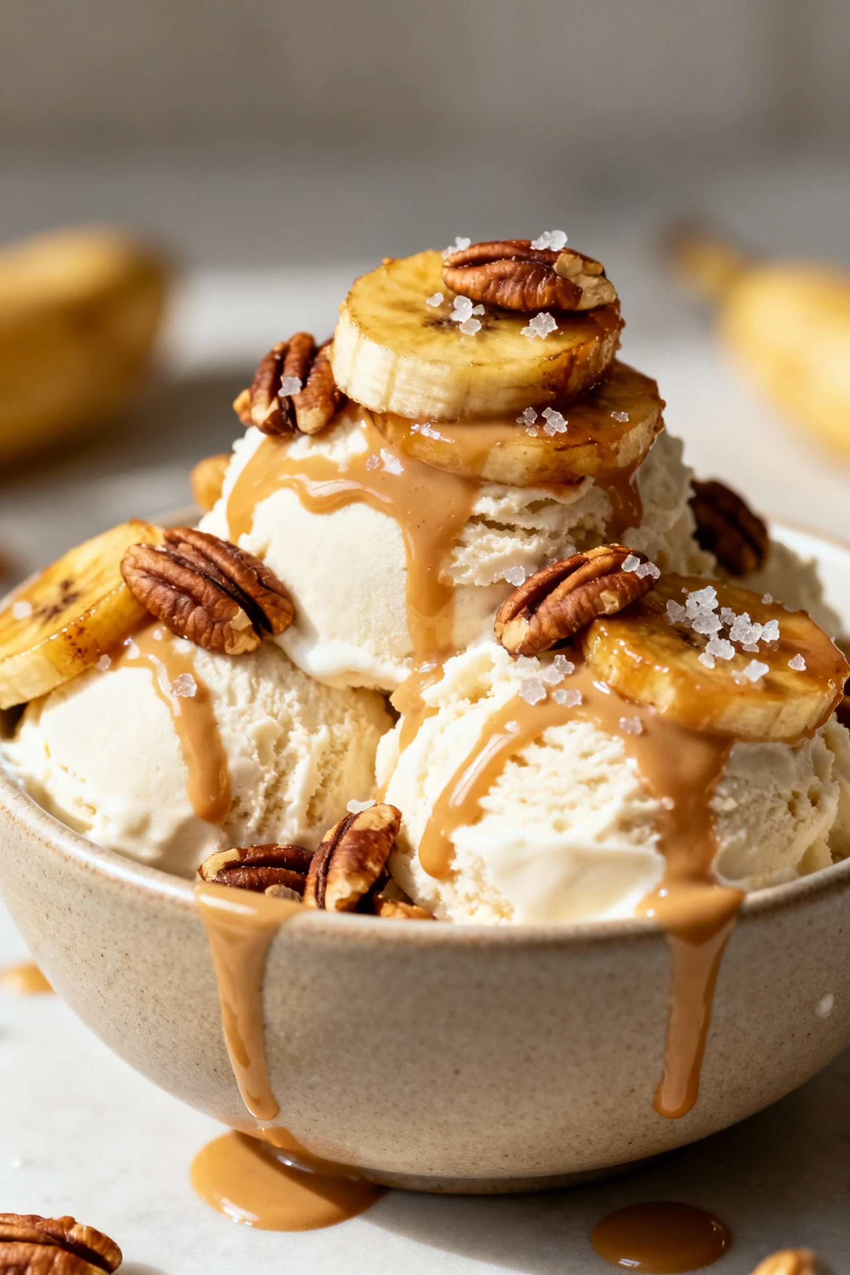 Final dish: vanilla ice cream scoops in a matte ceramic bowl crowned with warm caramelized banana slices and brown sugar
