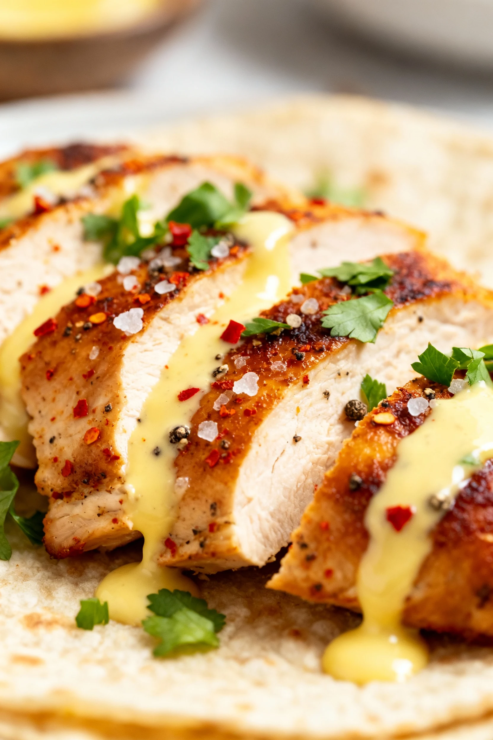 Close-up detail of juicy sliced chicken (lemon, garlic, oregano, thyme, smoked paprika) with a silky lemon-tahini drizzl