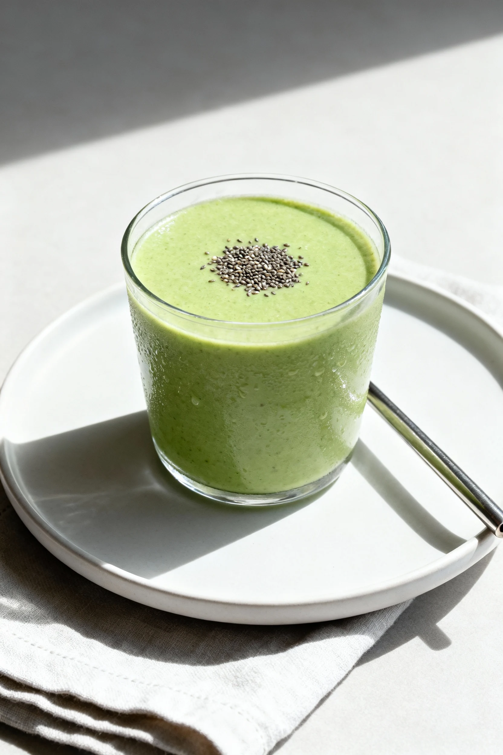 Final dish: Green Power Glow smoothie in a chilled clear glass, ultra-smooth pale green surface with micro-condensation;