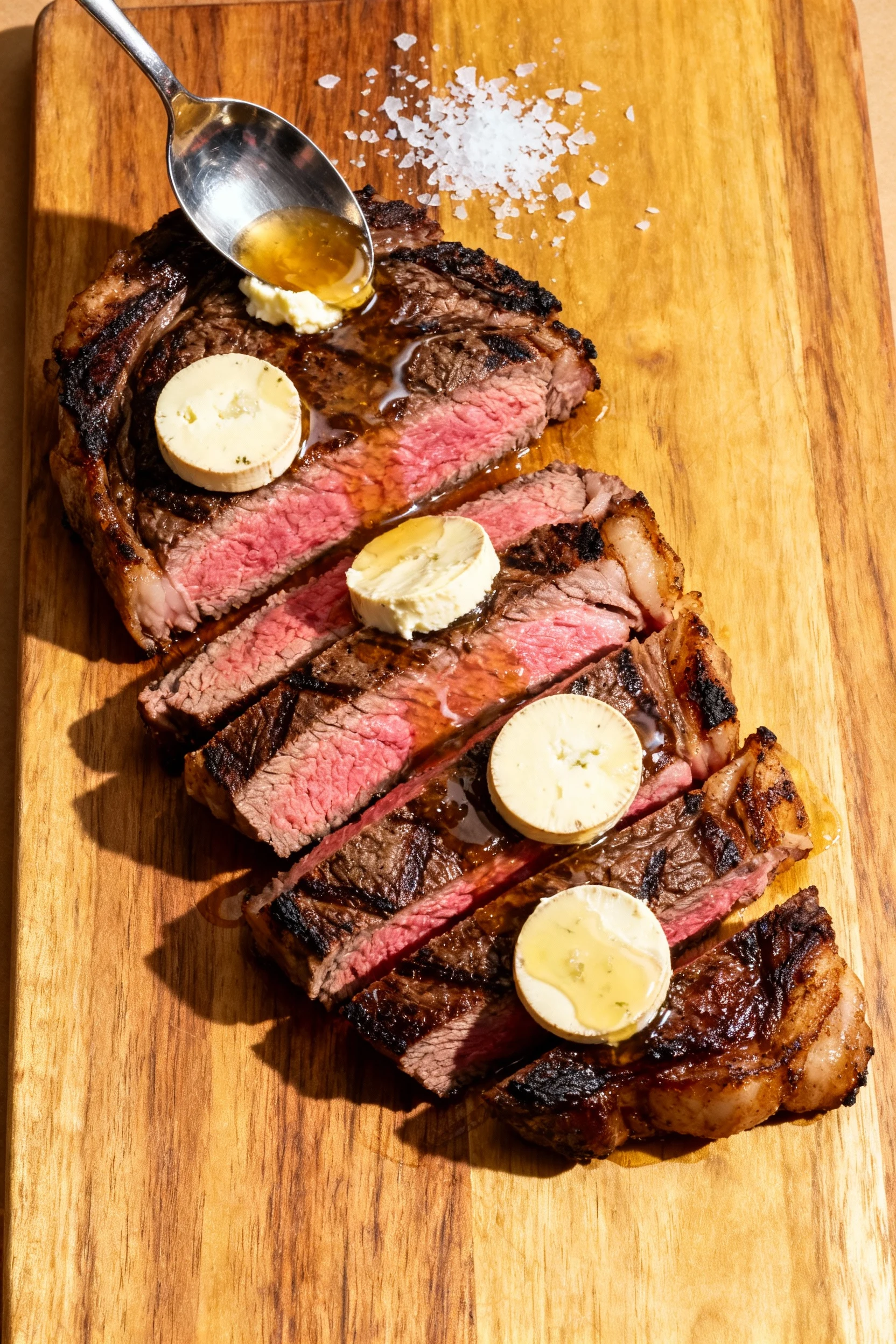 Overhead shot of sliced medium-rare ribeye on a wooden board, pink center and charred edges, topped with coins of chille