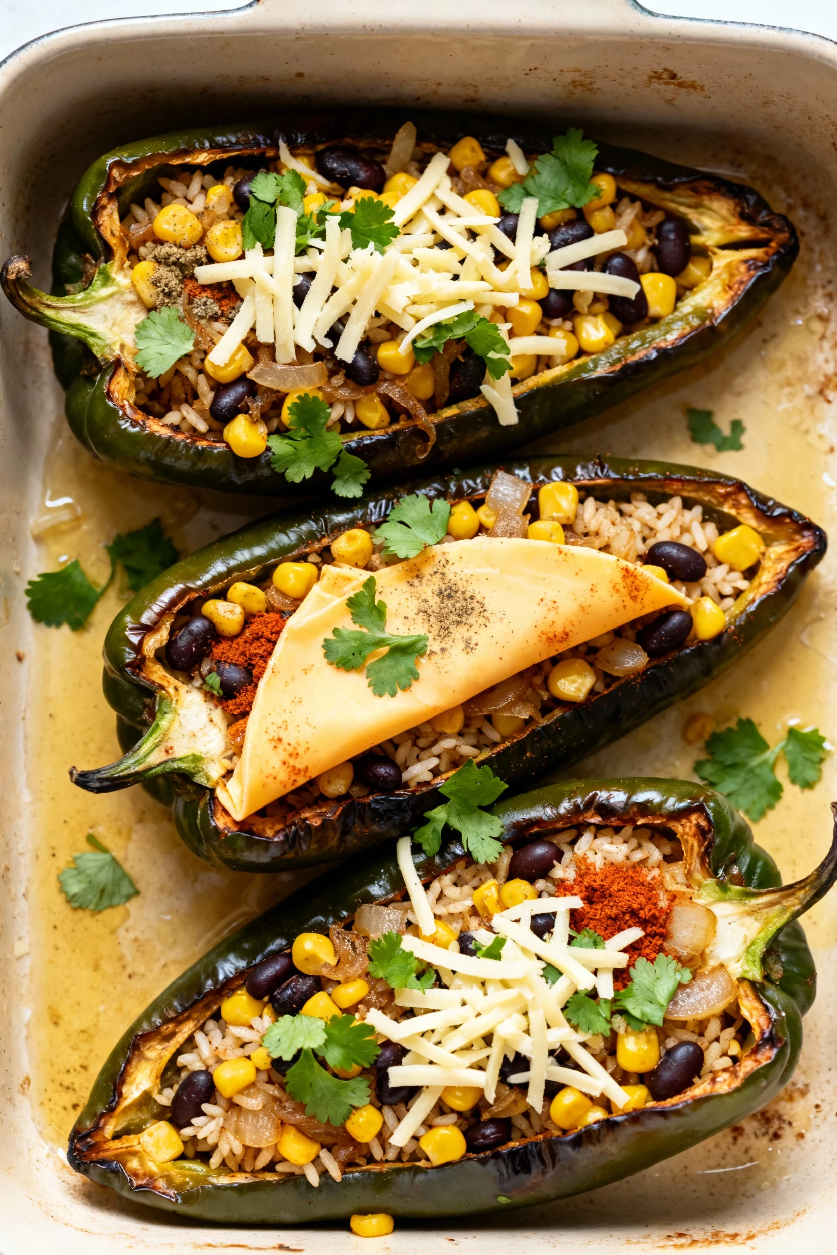 Overhead shot of slit-side-up roasted poblanos being stuffed in a lightly oiled baking dish, vibrant filling of corn, bl