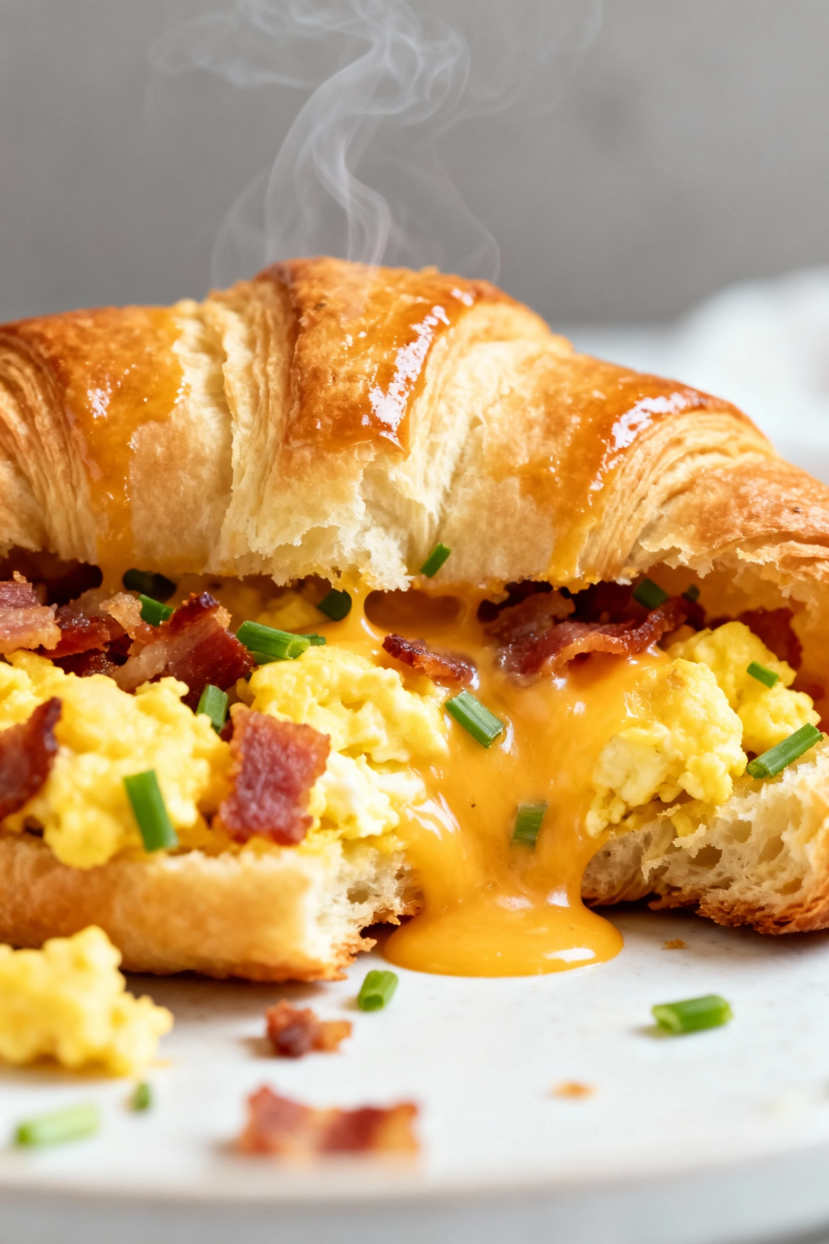 Close-up of a baked bacon–cheddar–chive crescent roll torn open, showing flaky golden layers with egg-wash sheen, melty 