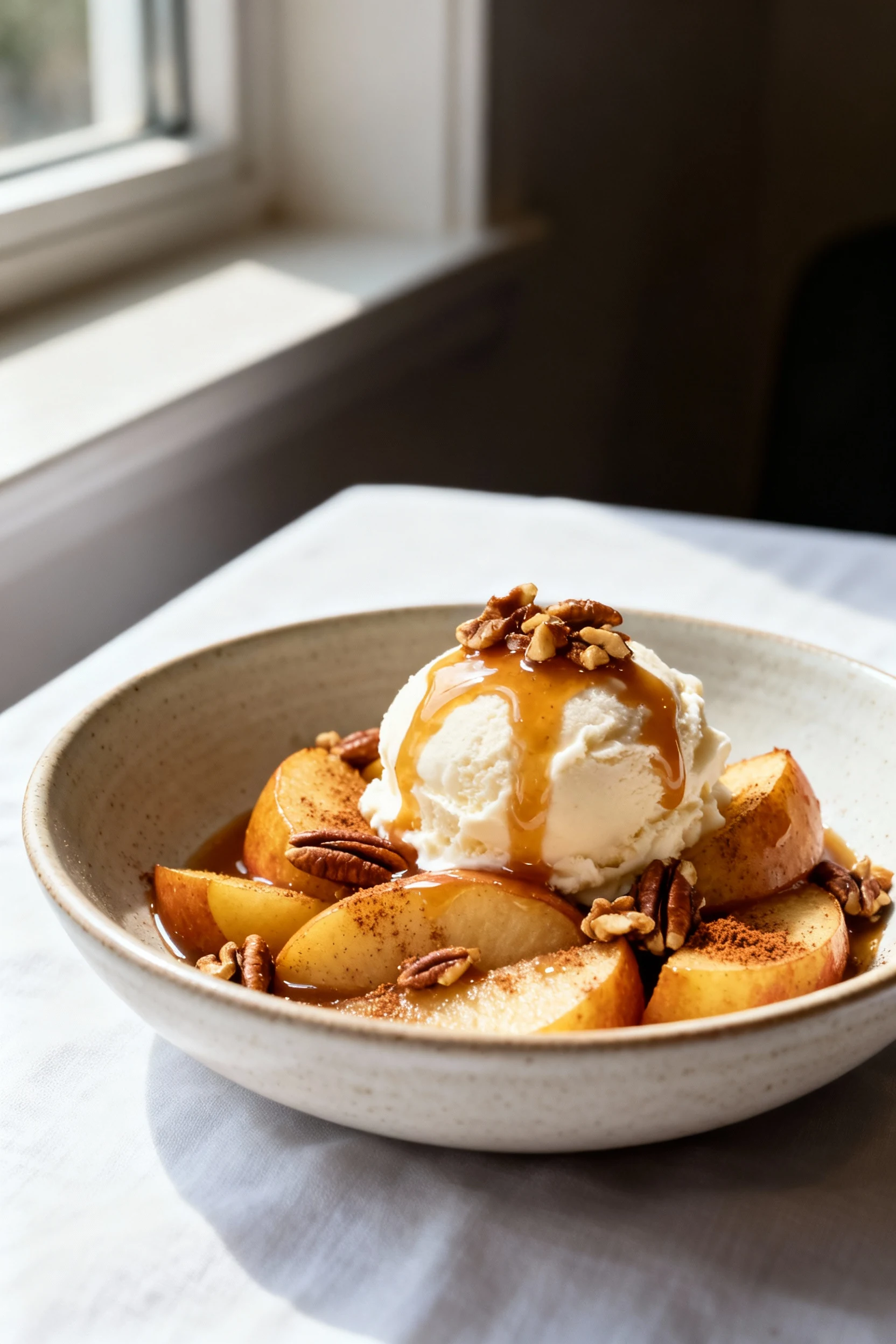 Beautifully plated warm cinnamon apples over vanilla ice cream in a shallow ceramic bowl, glossy sauce drizzled, toasted