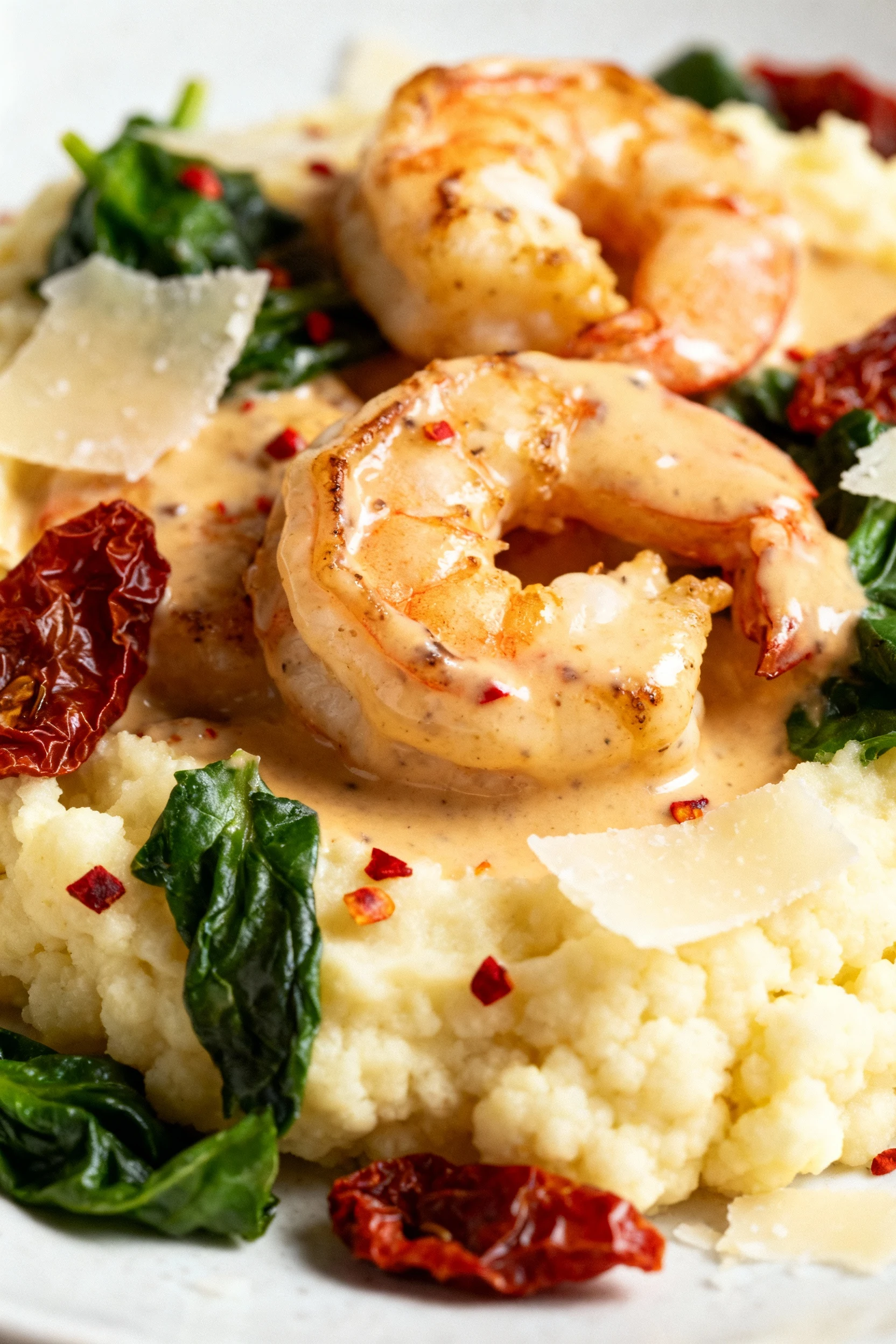 Close-up of Creamy Tuscan Shrimp on cauliflower mash: seared shrimp coated in silky cream sauce with sun-dried tomatoes 