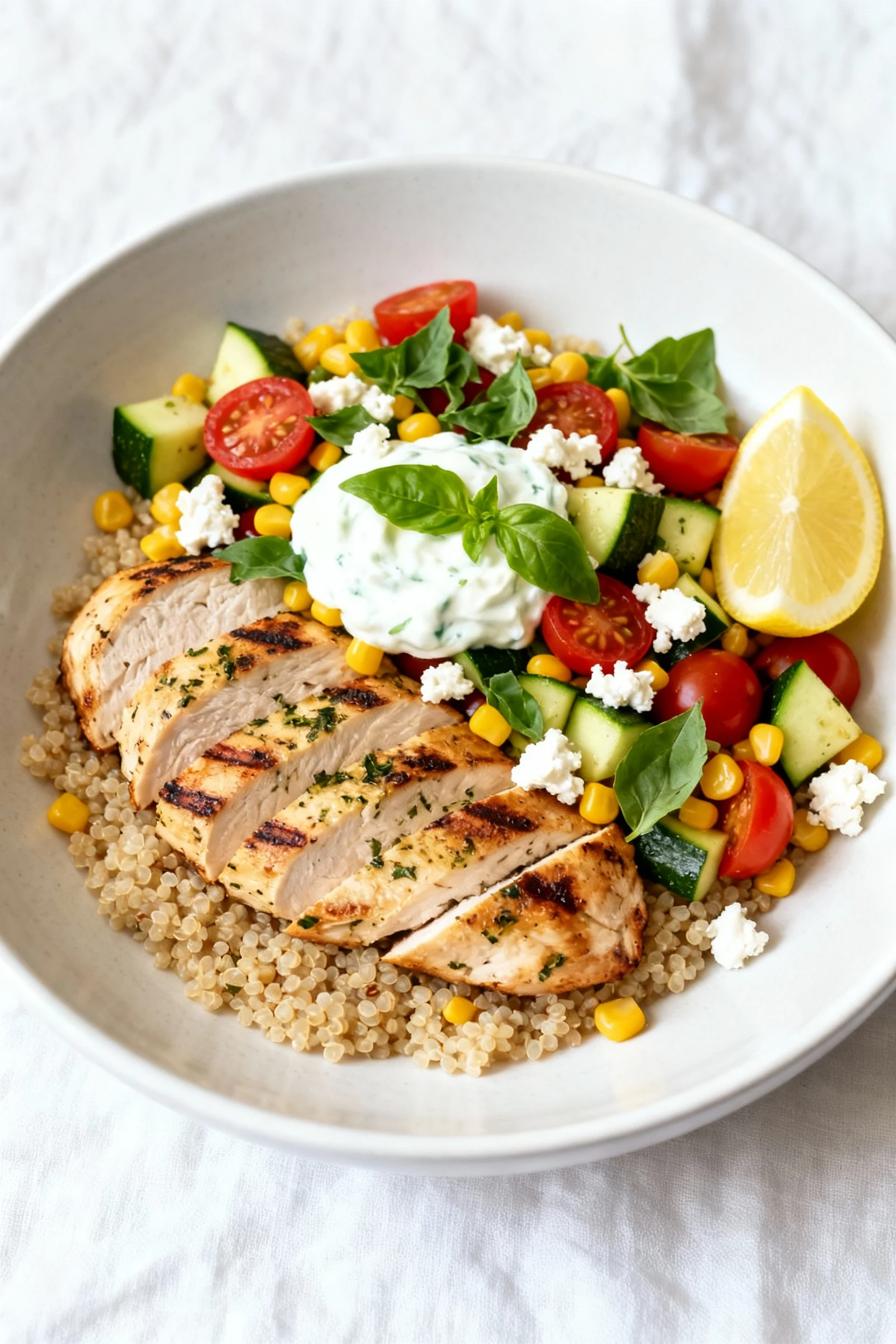 Final dish: Sliced lemon-herb grilled chicken over quinoa with zucchini–corn–cherry tomato salad, a dollop of basil yogu