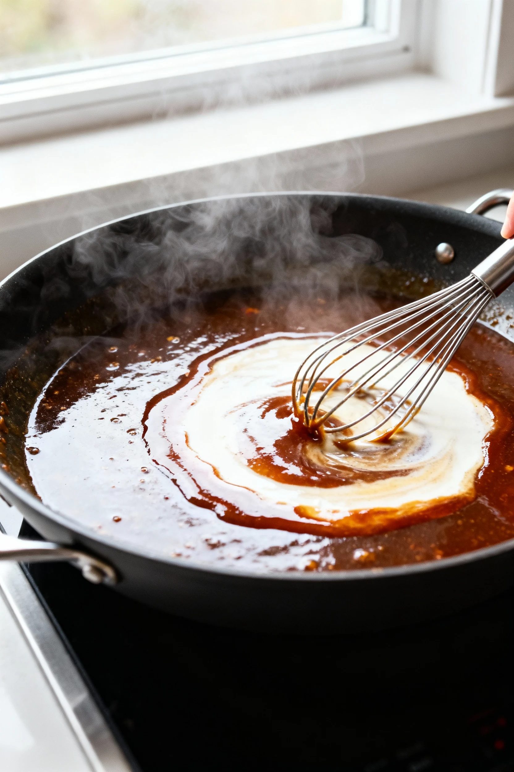Cooking process: strained slow-cooker liquid simmering in a wide skillet as a cornstarch slurry is whisked in, transform