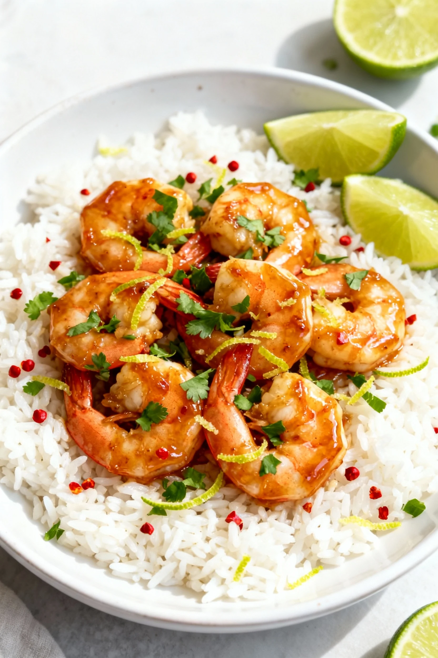 Beautifully plated Garlic-Lime Cilantro shrimp over fluffy white rice, glistening lime-honey glaze, lime zest and choppe