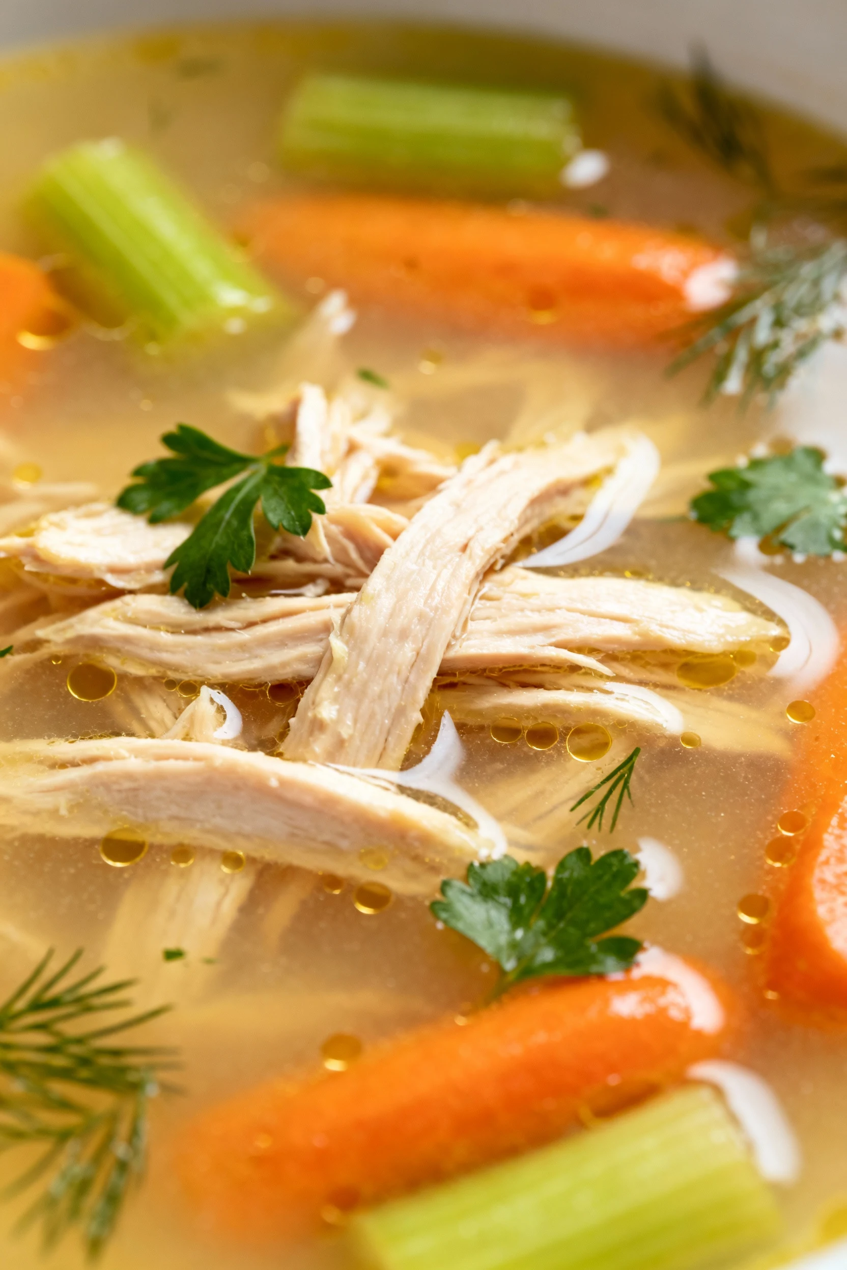 Close-up detail: silky chicken soup showing shredded thigh meat with tender carrots and celery in glossy broth, tiny fat