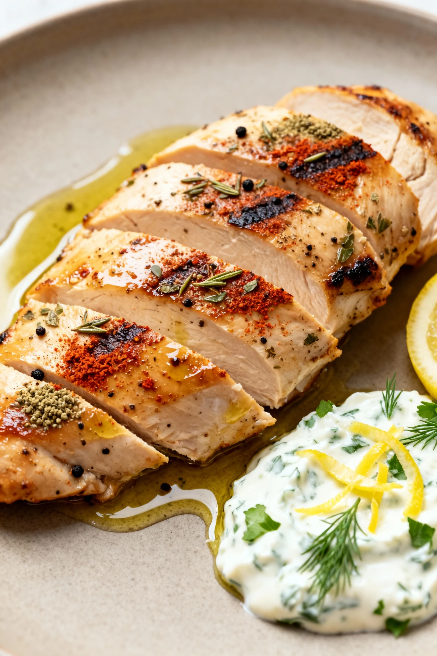 Extreme close-up of sliced juicy chicken breast resting, glistening with olive oil and lemon; speckled with smoked papri