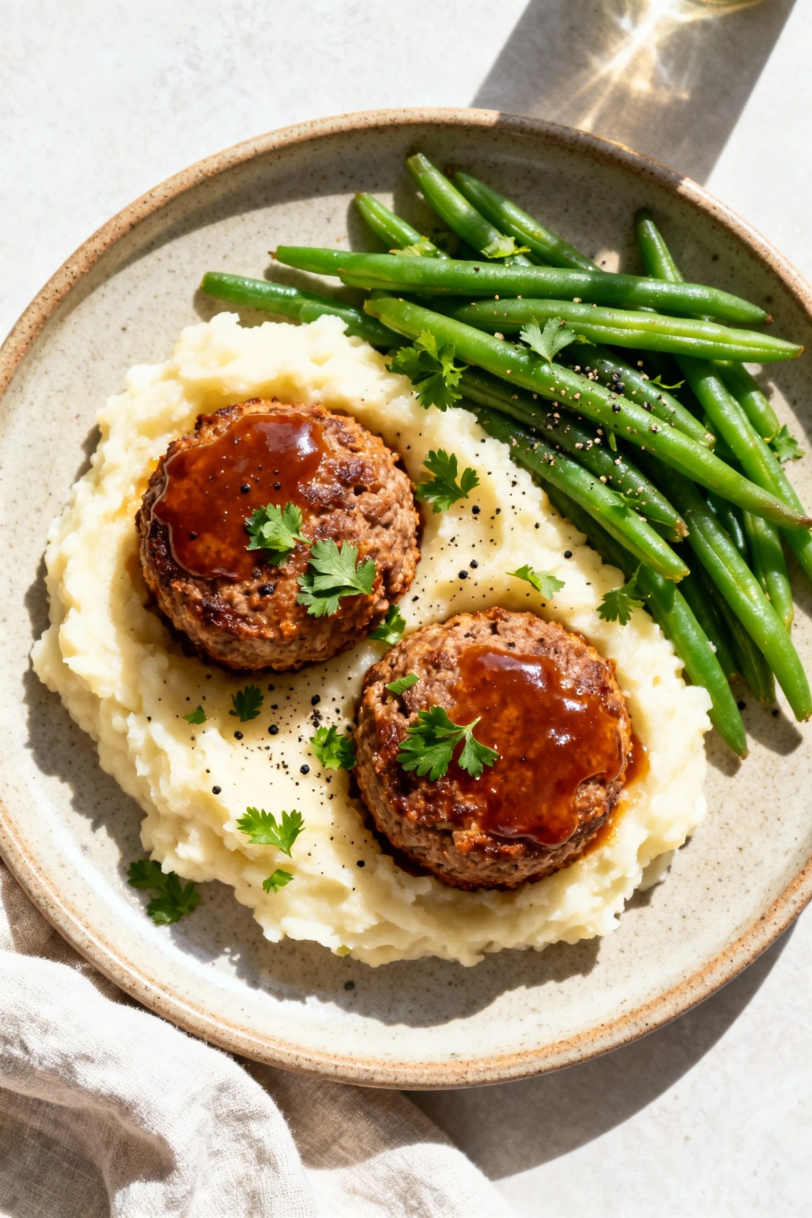 Overhead shot of two glazed mini meatloaves plated with creamy mashed potatoes and crisp green beans on a matte stonewar