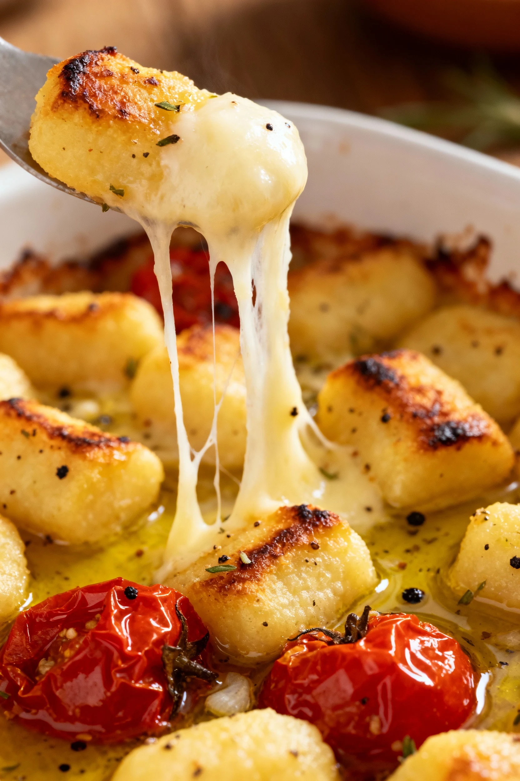 Close-up cheese pull from baked gnocchi: stretchy low-moisture mozzarella strands, caramelized gnocchi edges, slumped to