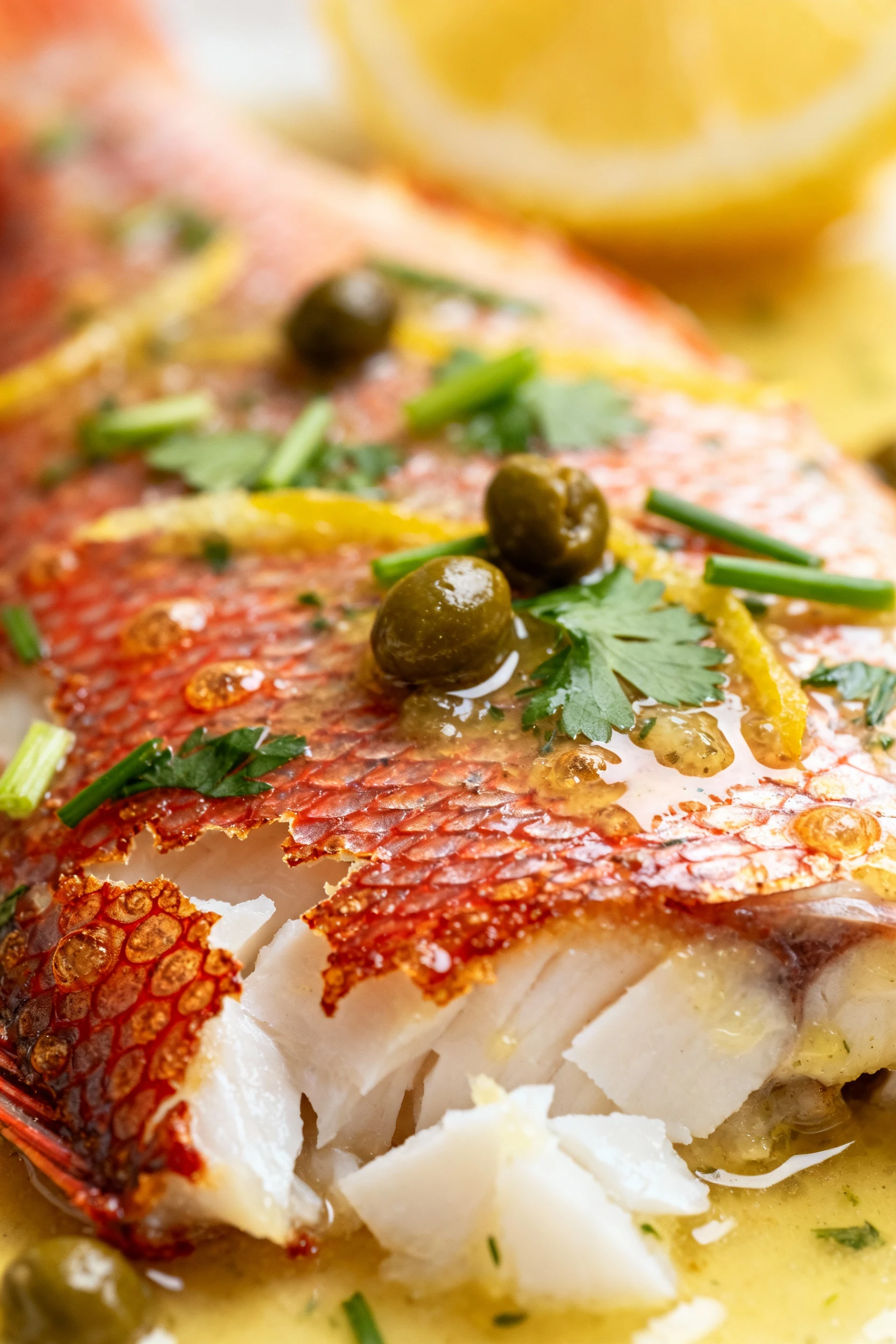 Close-up of crispy red snapper skin: shatter-crisp blisters and rendered edges with moist white flakes beneath, glossed 