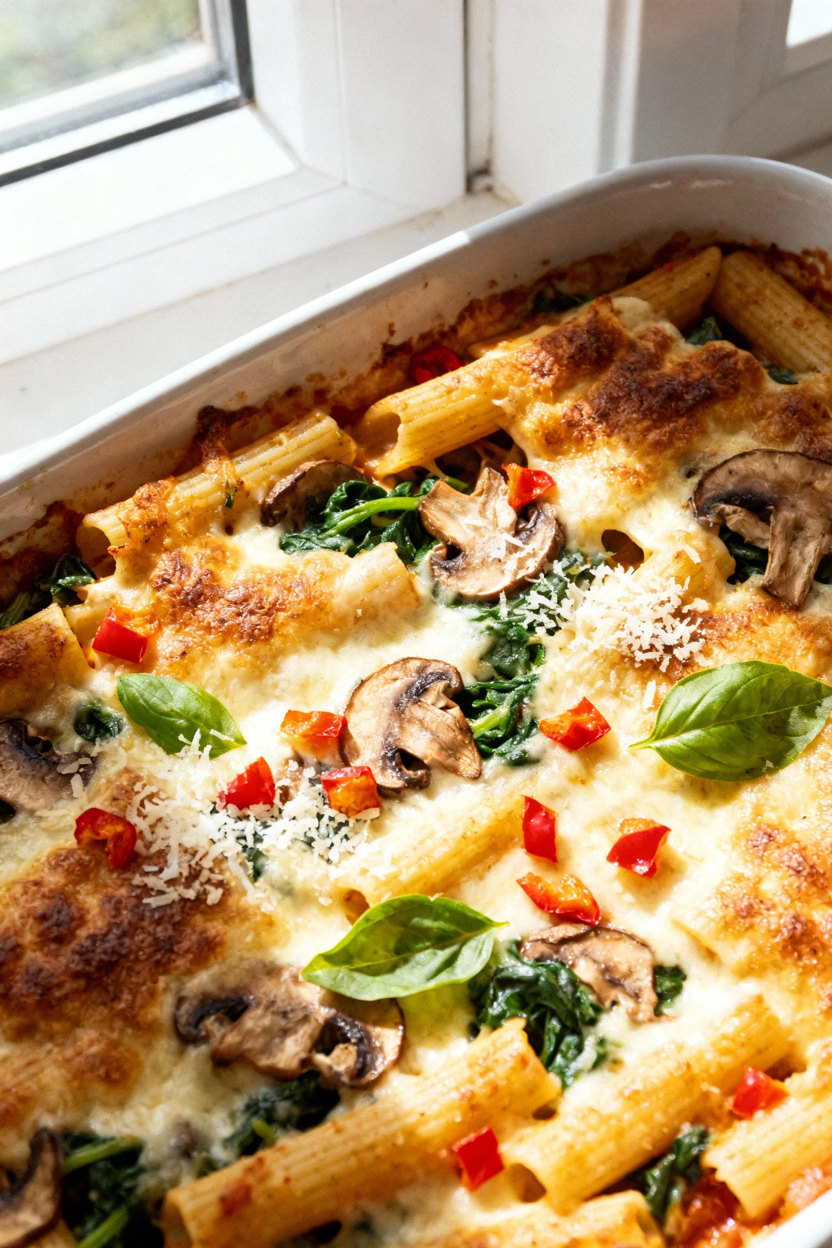 Overhead shot of meatless baked ziti just after resting: bronzed cheese top with mushrooms and spinach peeking through, 
