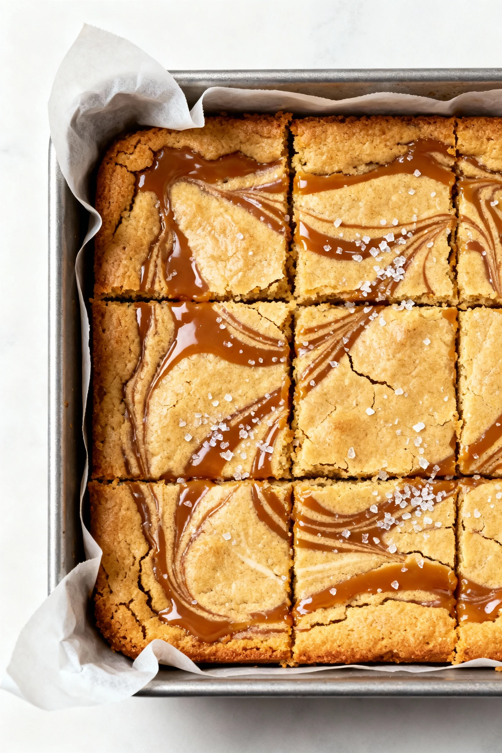 Overhead shot of an 8×8 metal pan of salted caramel swirl blondie bars: marbled caramel ribbons, glossy crackly top, gol