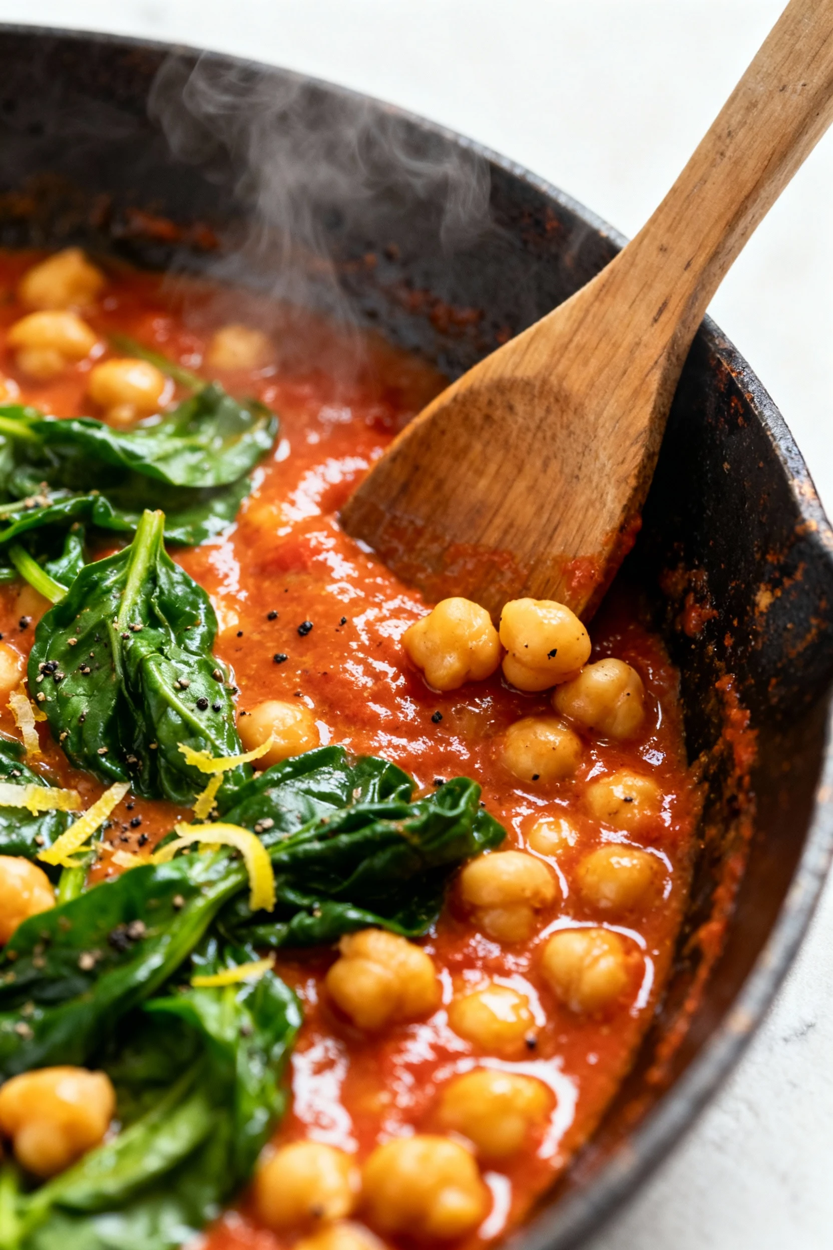Close-up detail: glossy coconut-tomato sauce with golden chickpeas and emerald, just-wilted spinach; a wooden spoon pres
