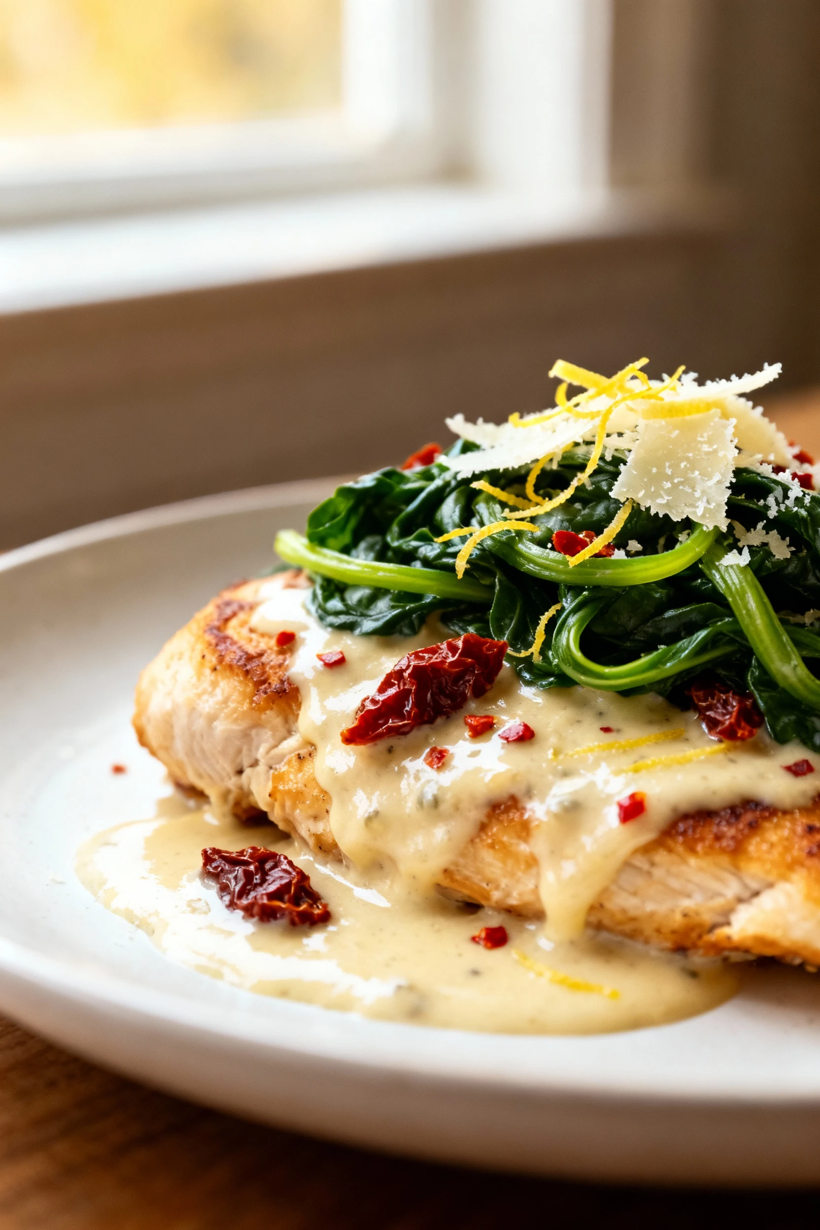 Close-up detail: Golden seared chicken cutlet cloaked in silky garlic–Parmesan cream, sauce clinging with glossy sheen, 