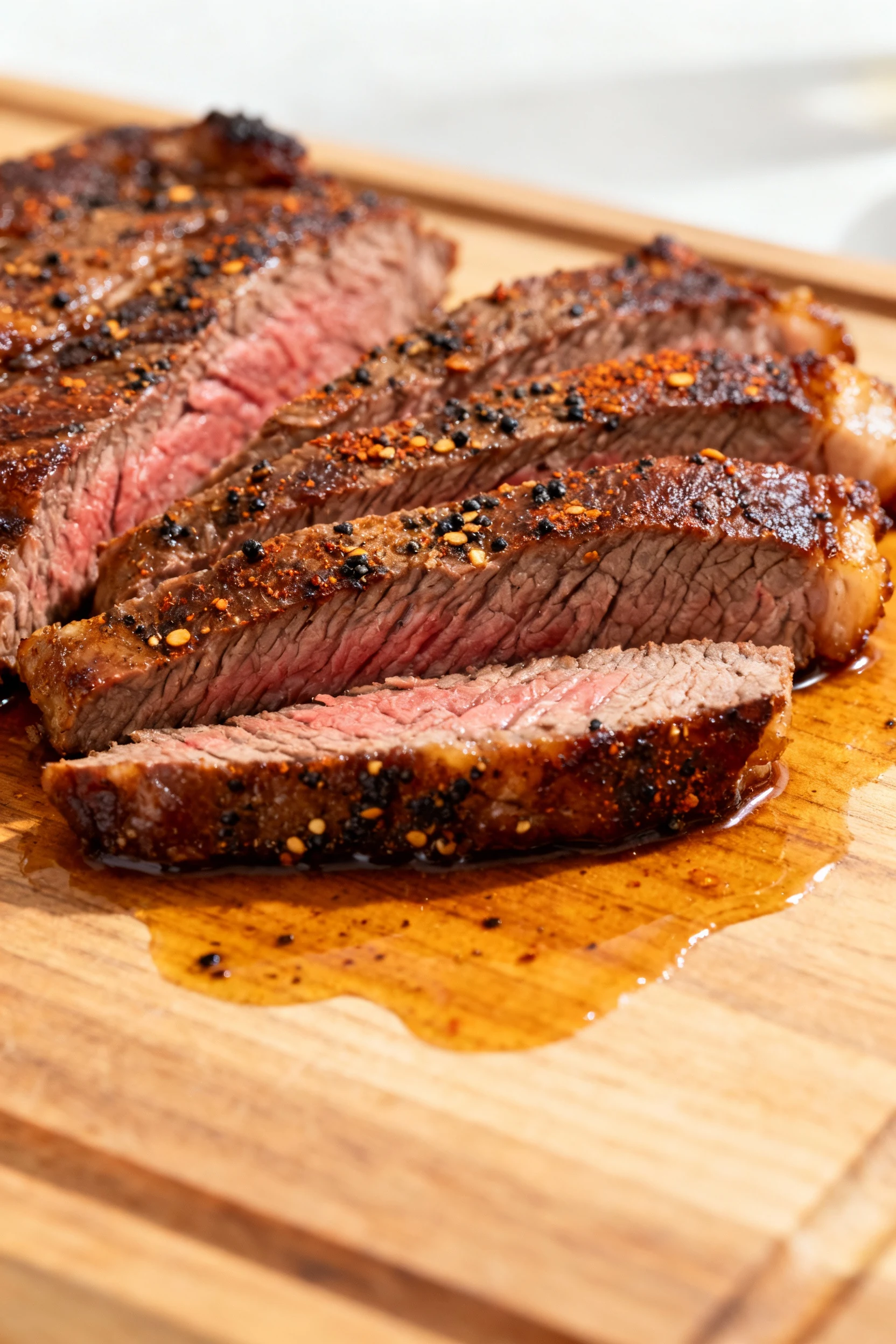 Close-up of sliced flank steak resting on a board, glistening juices and deep Maillard crust from the base 3-2-1-1 marin