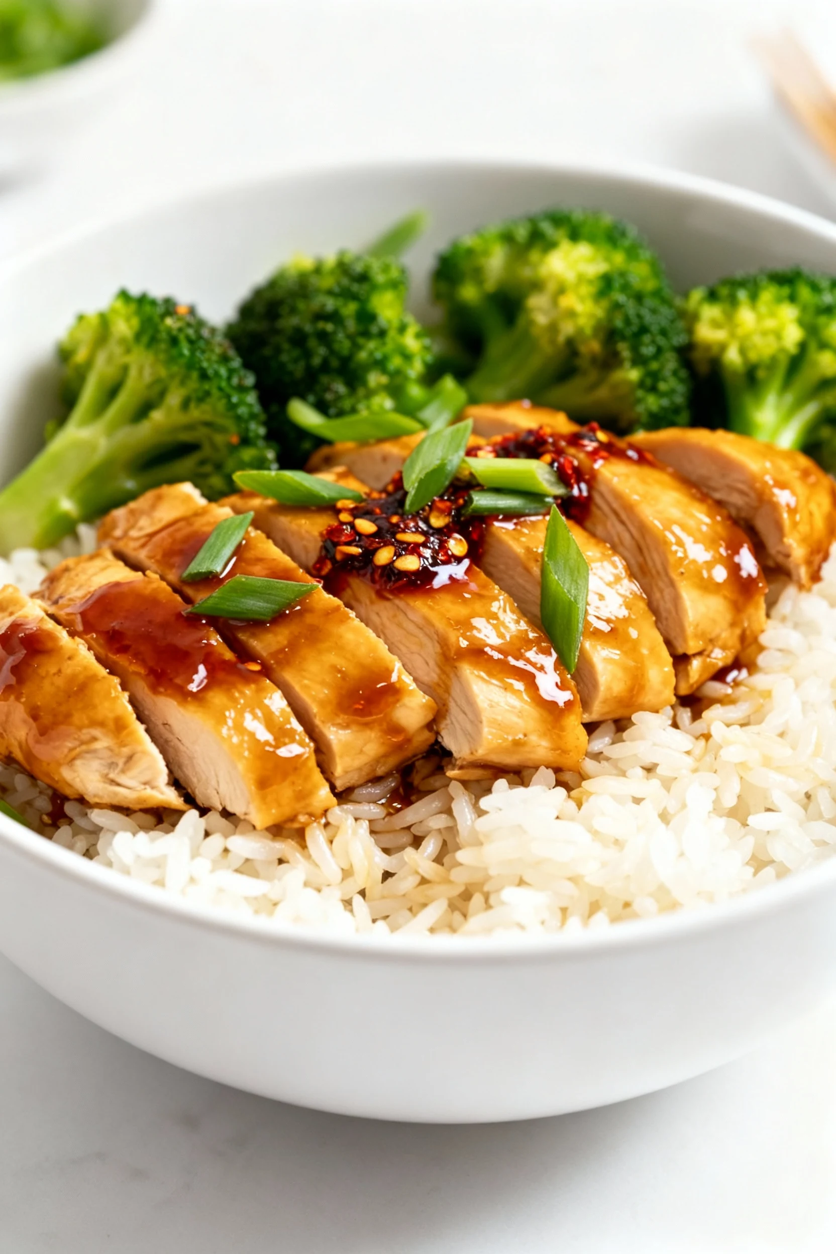 Final dish: Chicken & Broccoli Stir-Fry over fluffy jasmine rice, lacquered sauce clinging to thin-sliced chicken, vibra