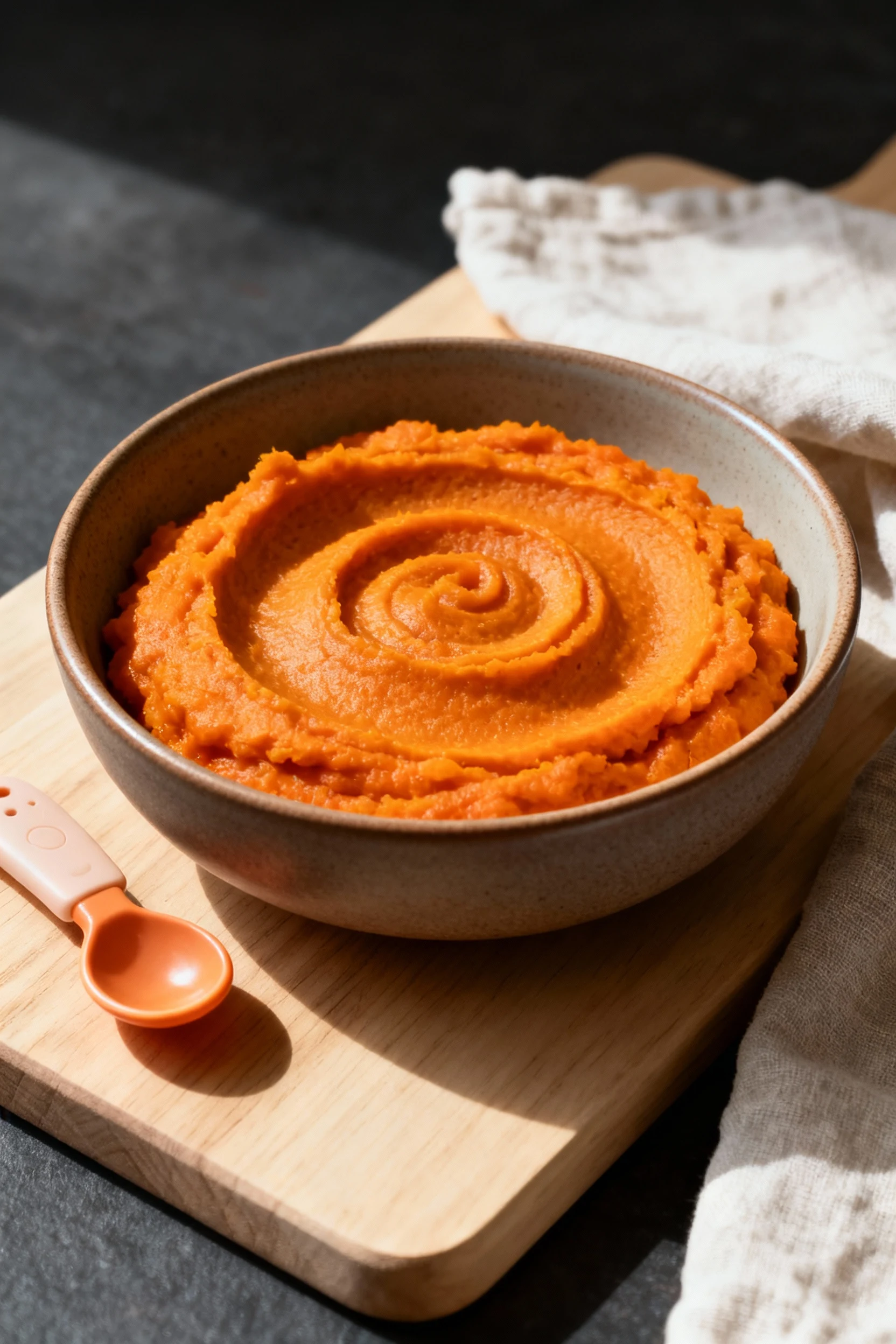 Beautifully plated roasted sweet potato puree with a smooth swirl in a matte ceramic bowl on a light wood board; deep or
