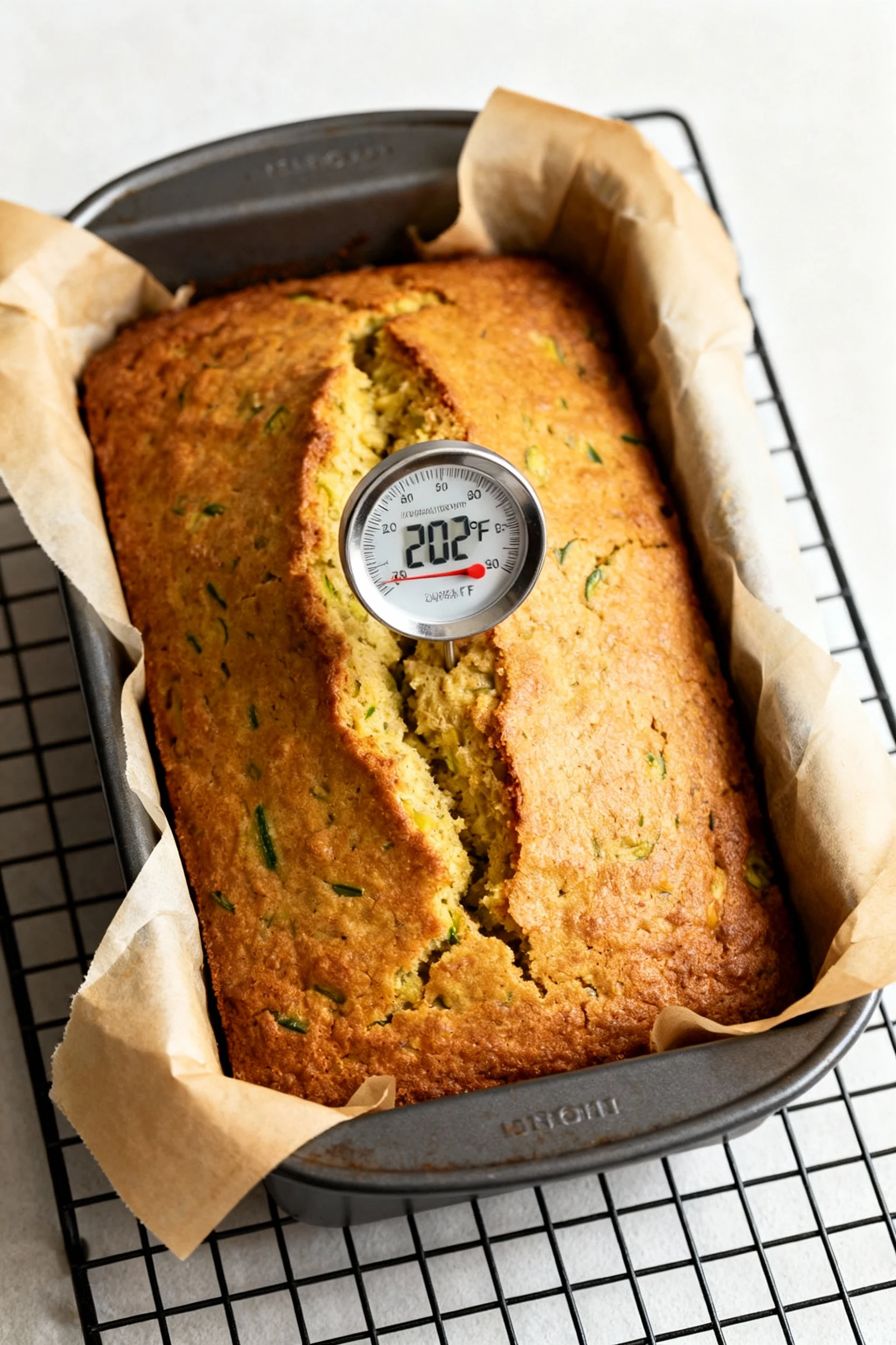Overhead shot of a freshly baked zucchini bread loaf in a 9×5-inch pan with a parchment sling, dramatic bakery-style spl