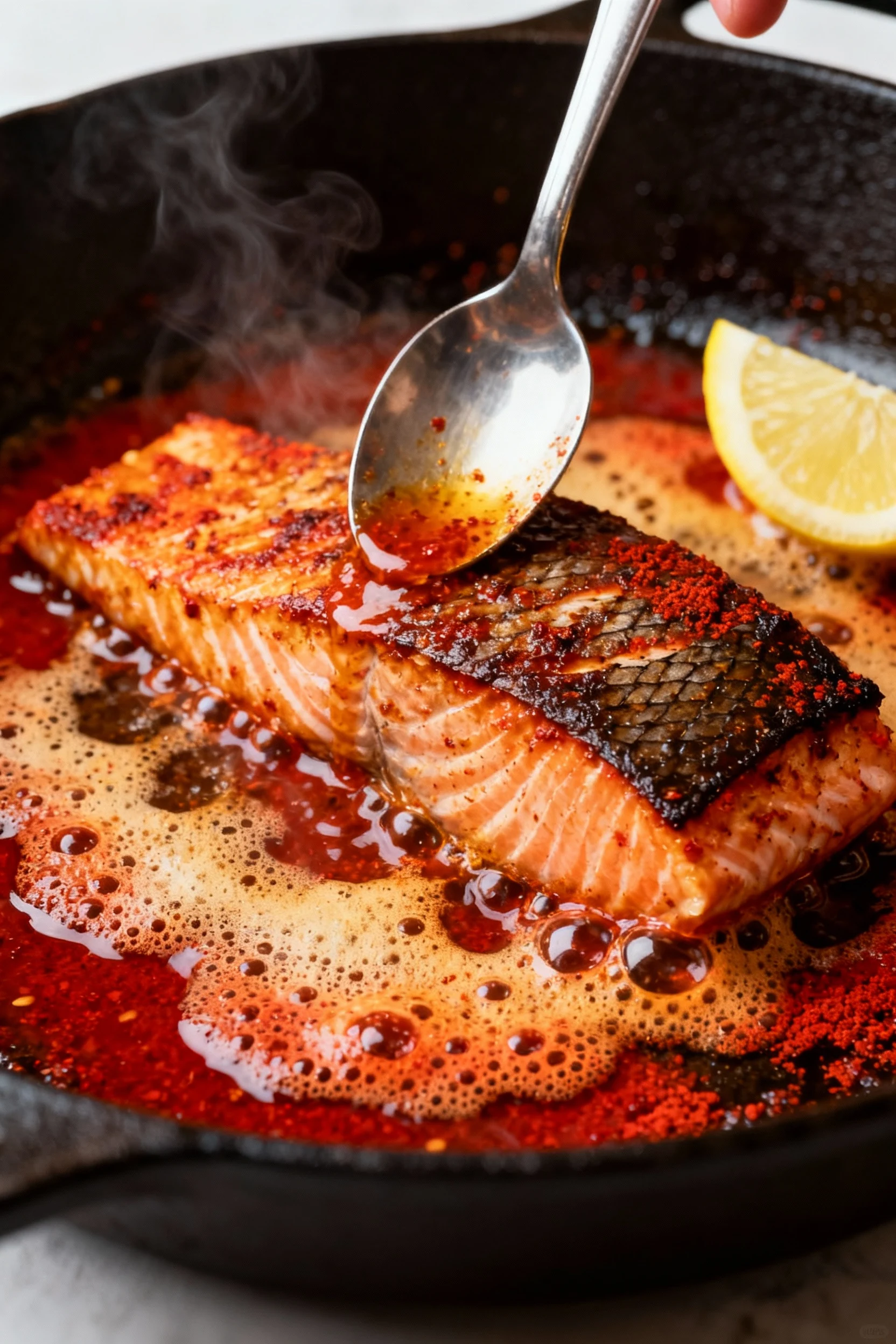Cajun butter skillet salmon, skin-side down mid-sear in cast-iron; foamy paprika-red butter sizzling around ultra-crisp