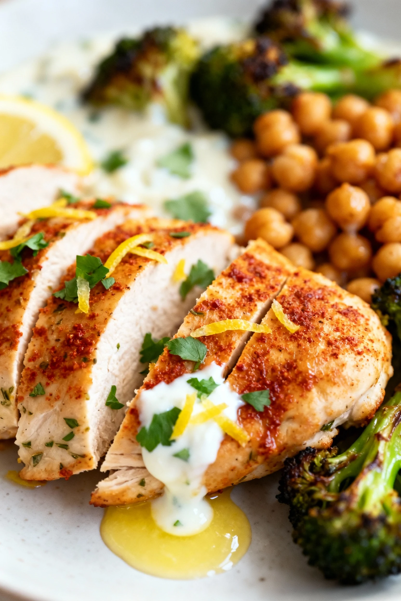 2. Close-up of sliced lemon-garlic chicken as cool yogurt–lemon drizzle pools; paprika-stained crust, lemon zest flecks,