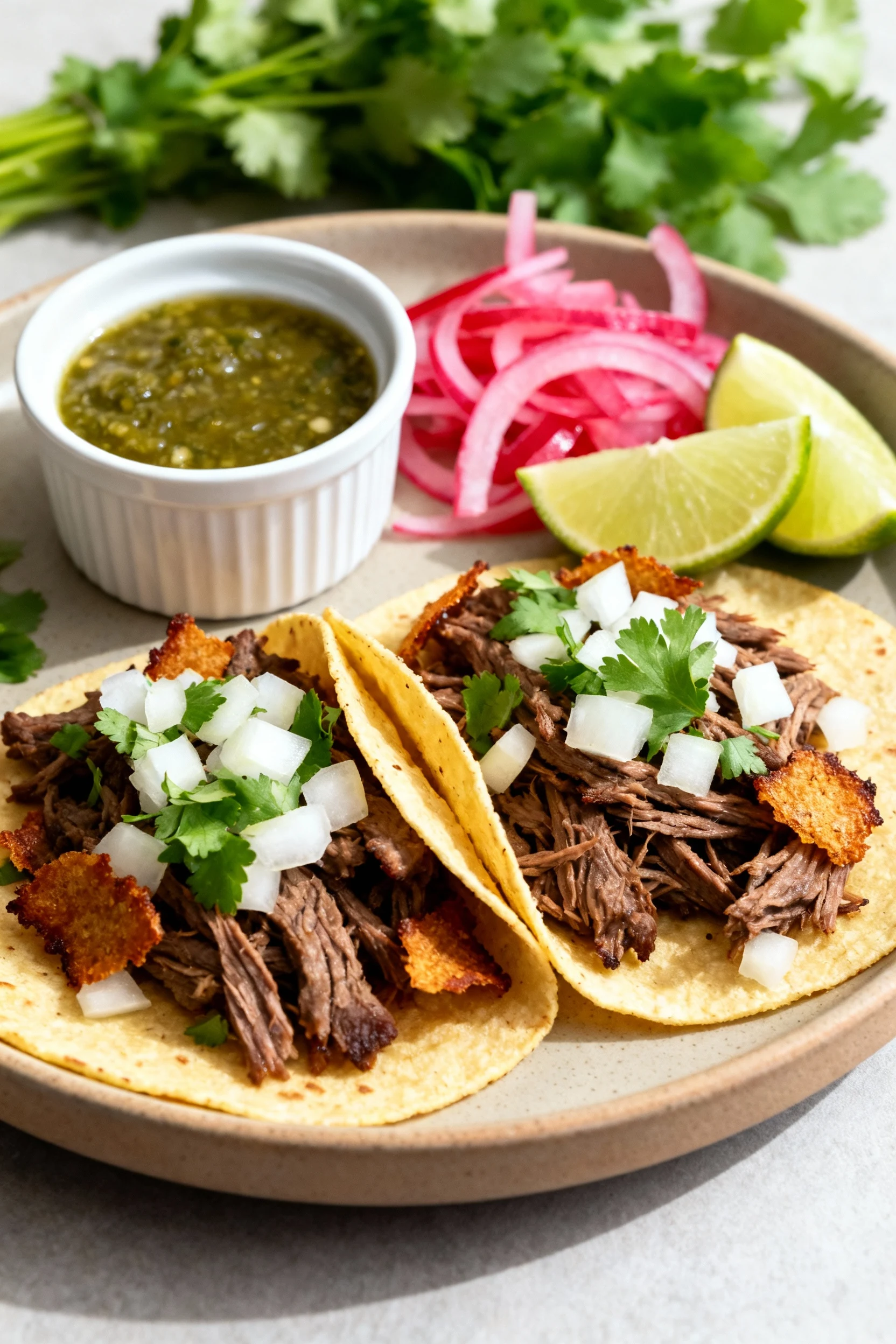 Overhead 90-degree shot of barbacoa tacos: warm corn tortillas loaded with shredded beef with crispy edges, topped with 