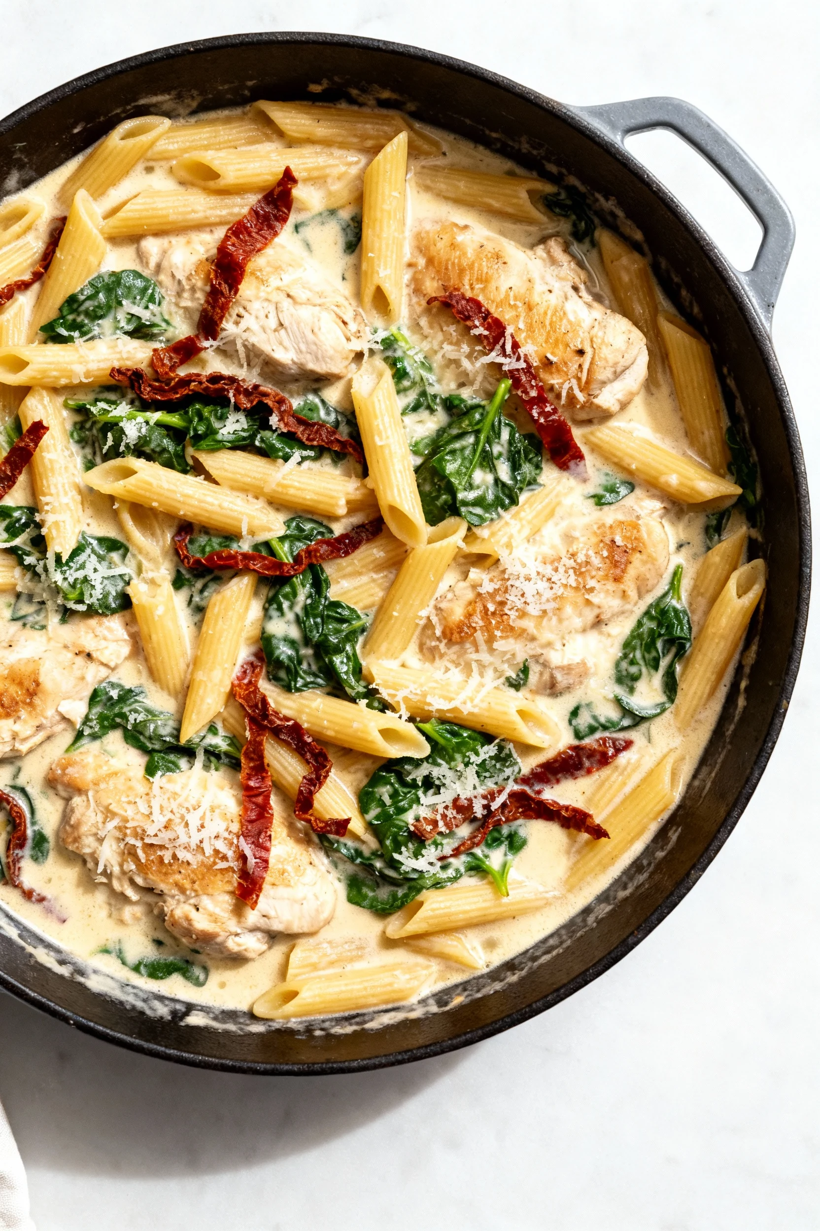 2. Overhead shot of one-pan Tuscan chicken pasta simmering: penne in creamy broth–milk sauce thickened by pasta starch, 