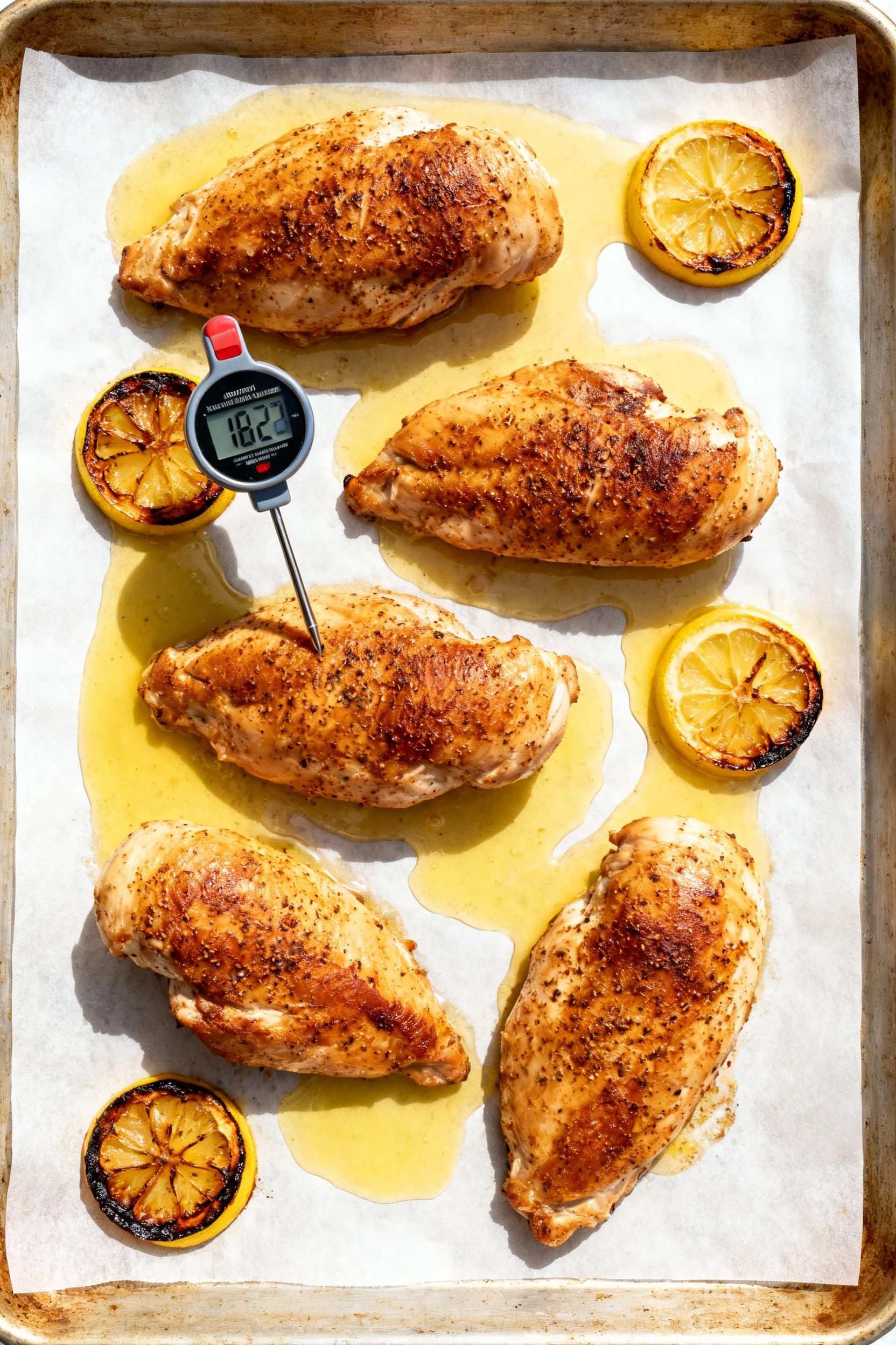 2. Overhead shot of parchment-lined sheet pan just out of a 425°F bake: evenly spaced, browned chicken breasts with visi