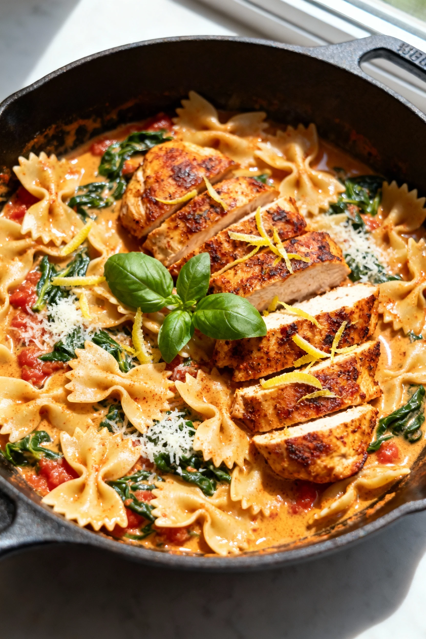 One-pan toss: seared Cajun-spiced chicken slices folded into farfalle in a creamy tomato–spinach sauce, paprika-tinted a