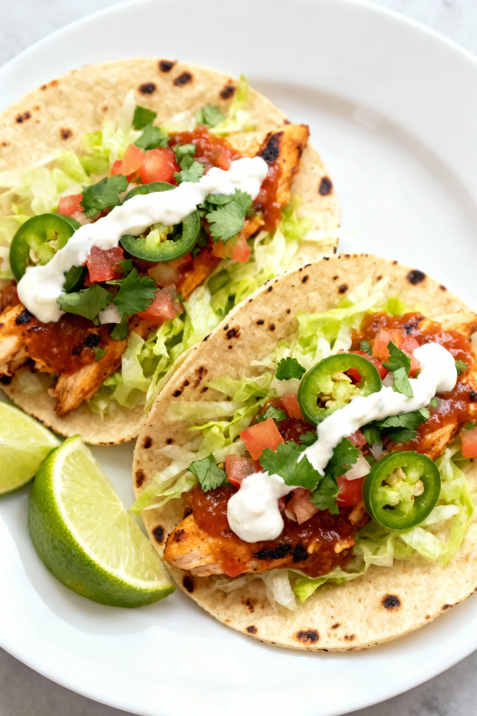 Overhead tacos: glossy salsa-lime chicken filling in char-speckled corn tortillas, topped with shredded lettuce, pico de