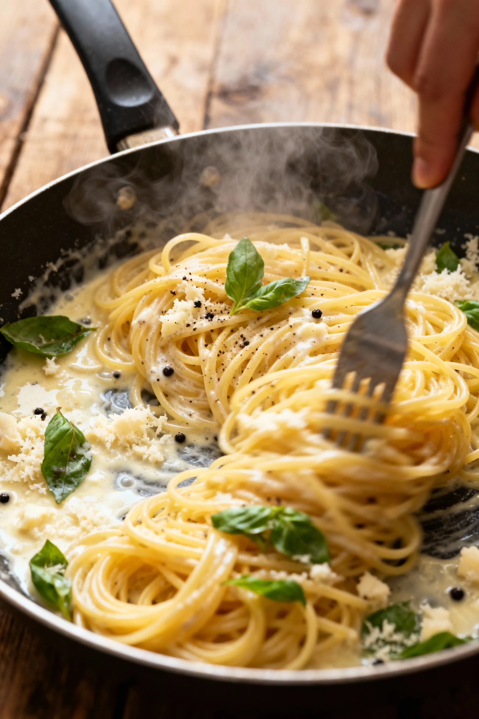 Cooking process: angel hair being tossed in skillet with reserved pasta water, parmesan emulsifying into a silky coating