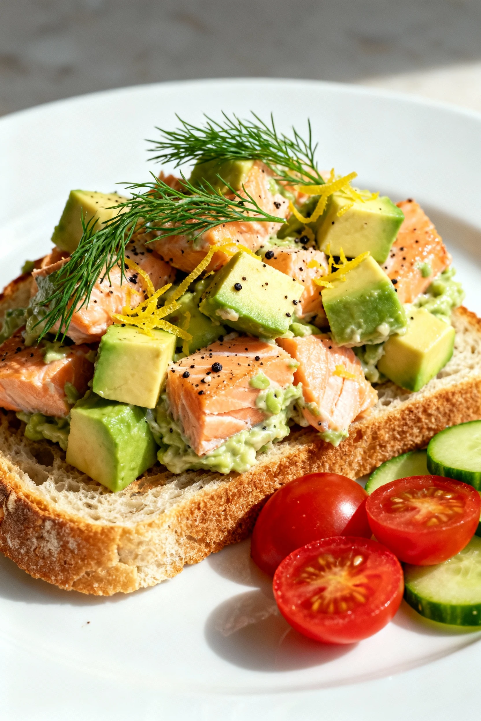 2. Beautifully plated salmon salad piled on toasted sourdough, topped with avocado cubes, extra dill, lemon zest, and cr