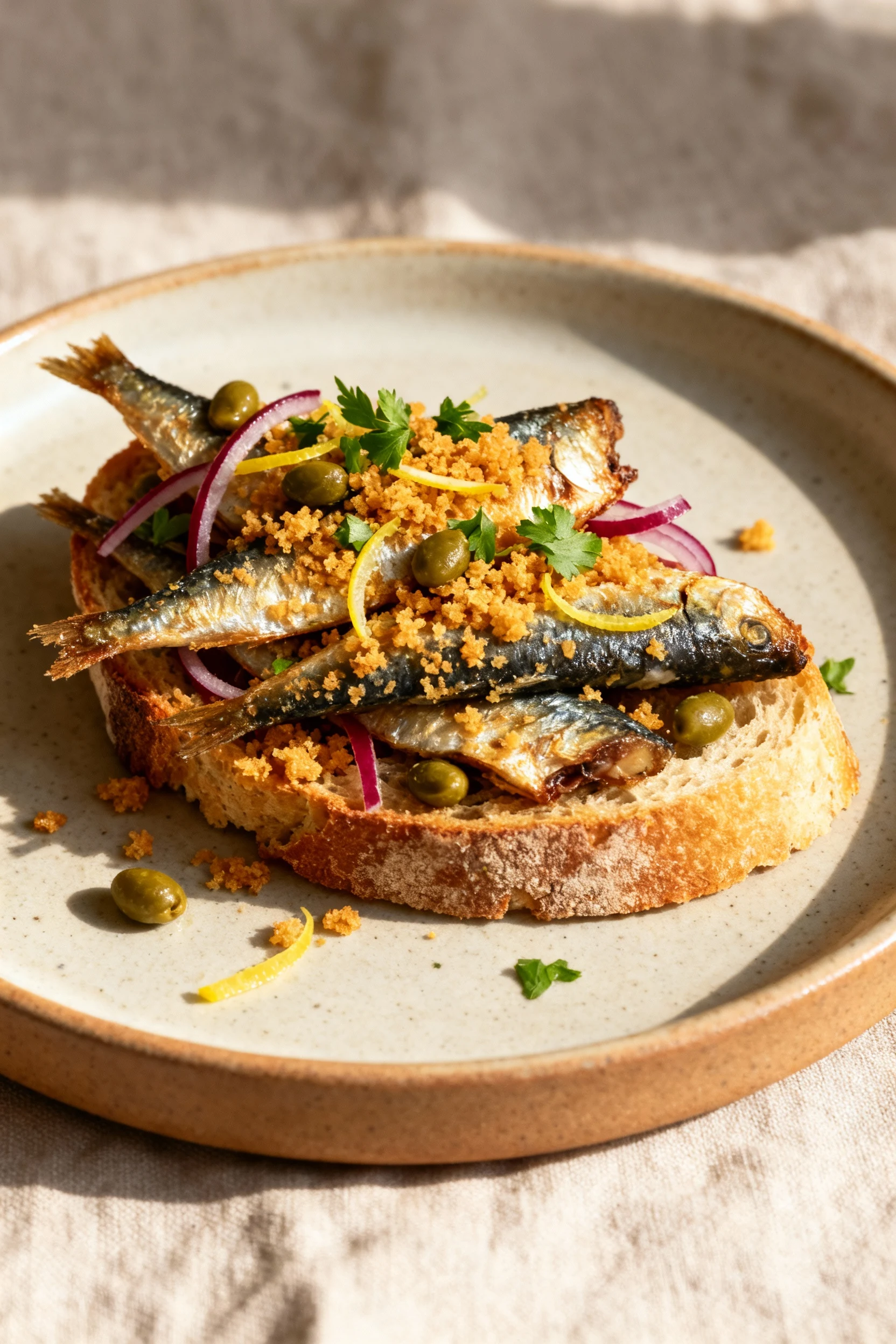 2. Beautifully plated sardine sourdough toast piled with seared fillets, deep-golden panko crumbs, capers, lemon zest, a