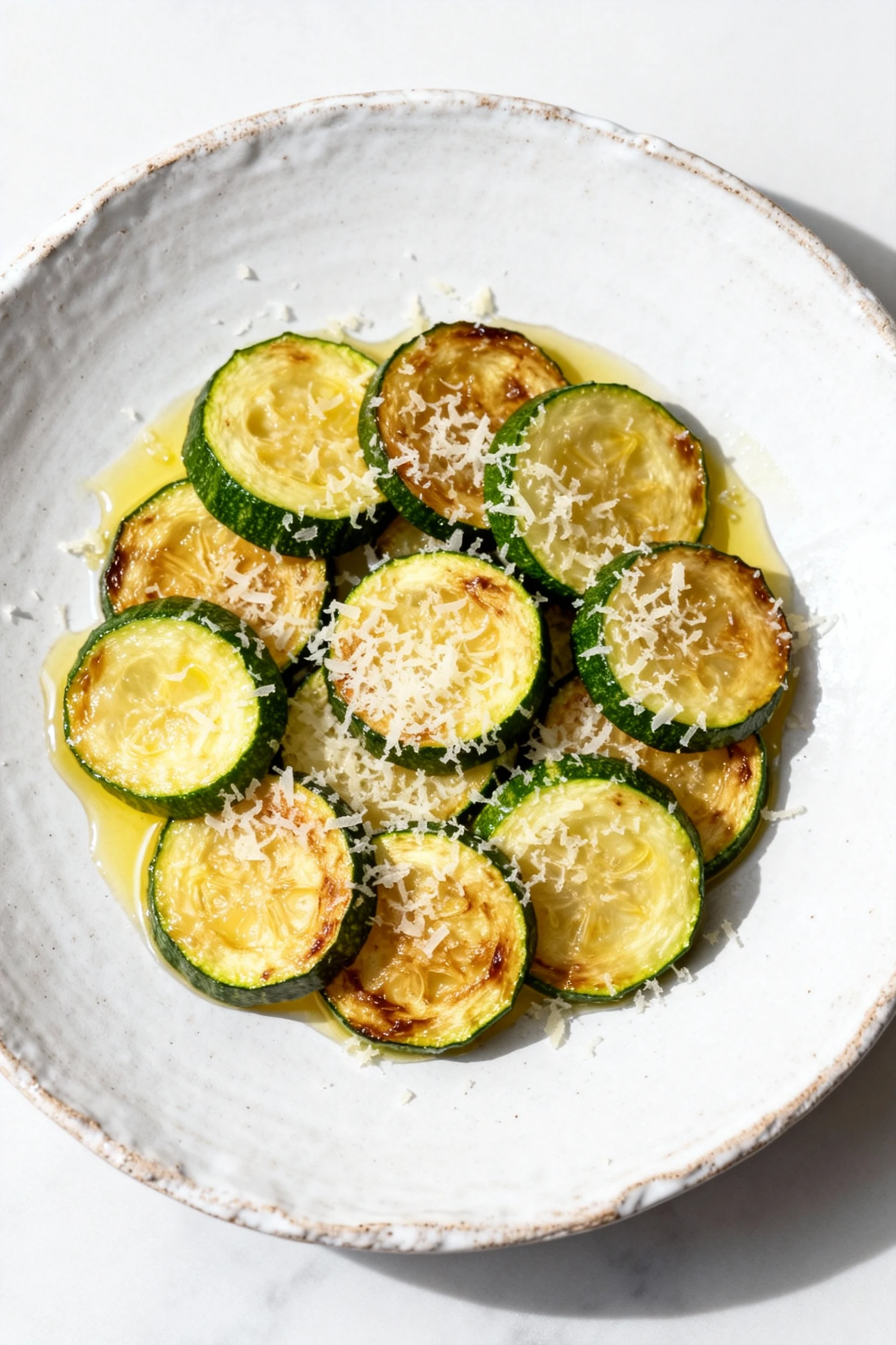 Overhead shot of a rustic white plate with neatly arranged sautéed zucchini rounds, sprinkled with grated Parmesan and a