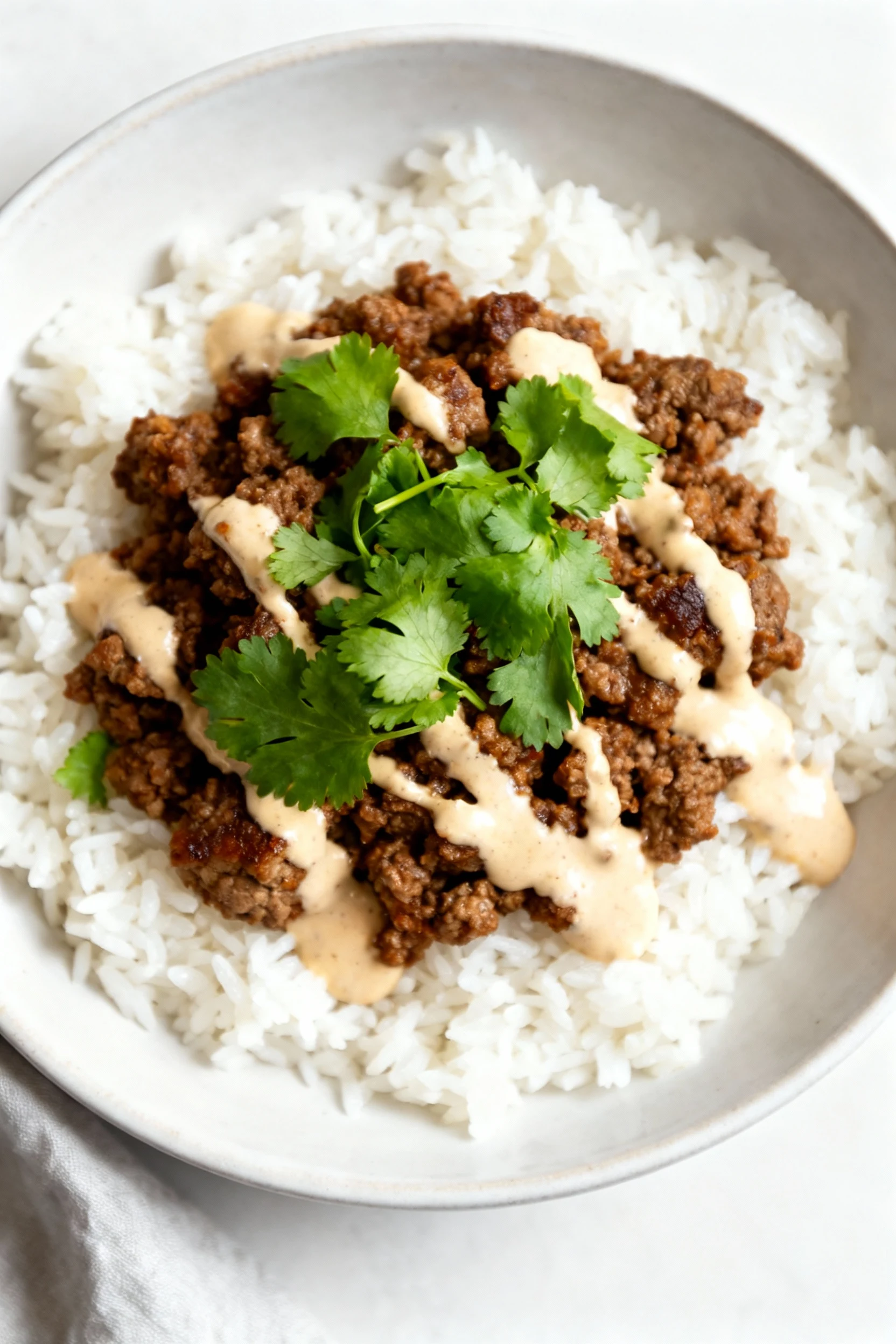 2. Overhead shot of hamburger meat served over fluffy white rice, topped with vibrant cilantro and drizzled with creamy