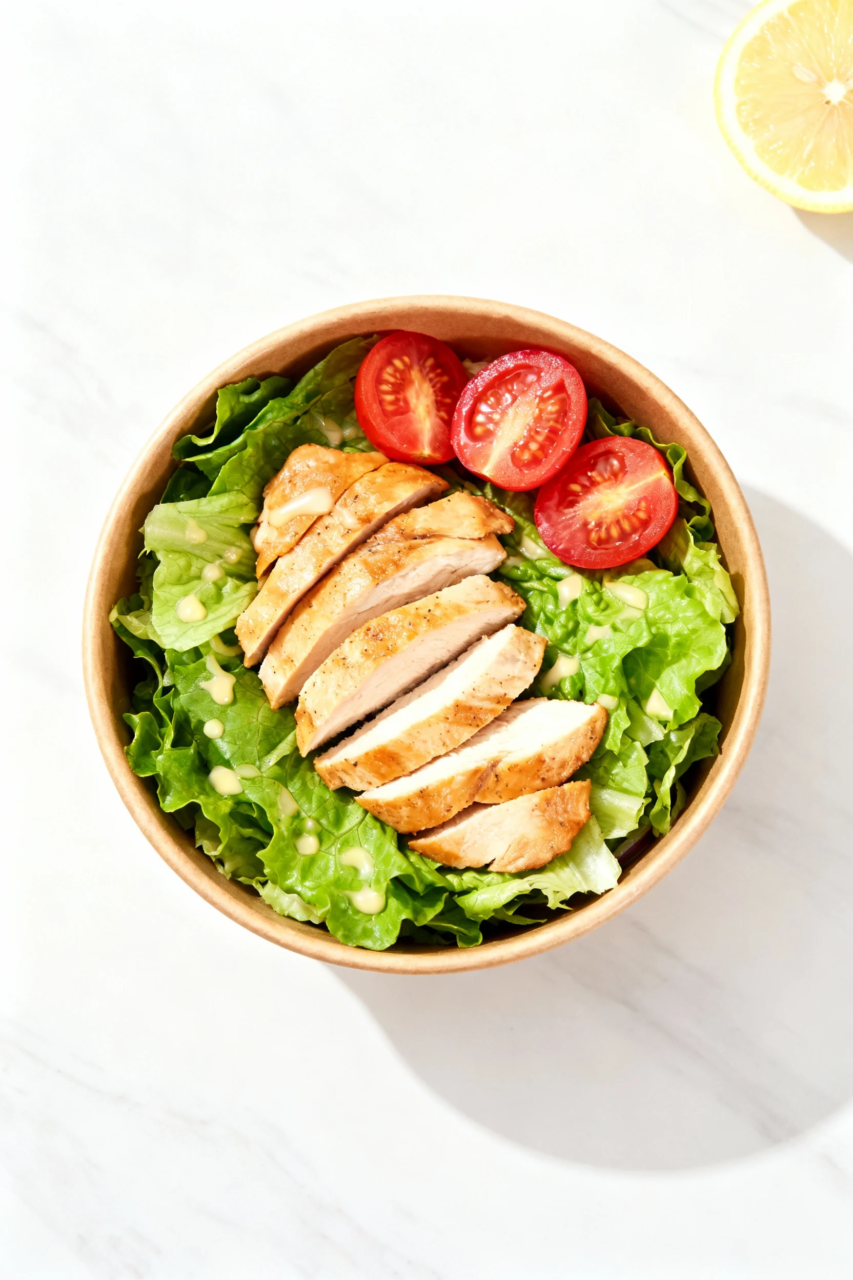 Overhead shot of the finished chicken and salad bowl, showing juicy tomato halves, crisp leafy greens with a light lemon