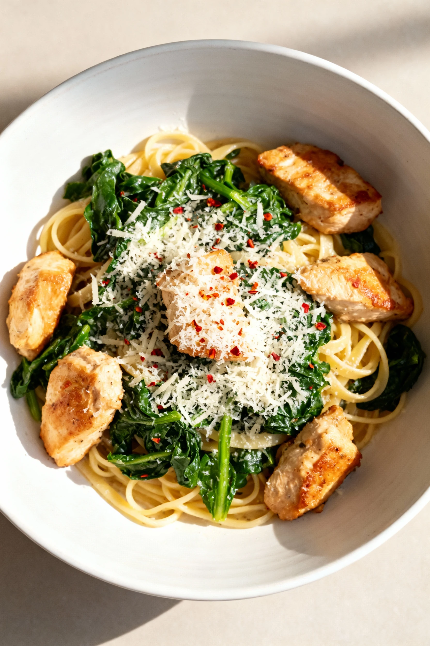 Overhead shot of the final plated chicken-spinach-pasta dish sprinkled generously with shredded Parmesan and a dash of r