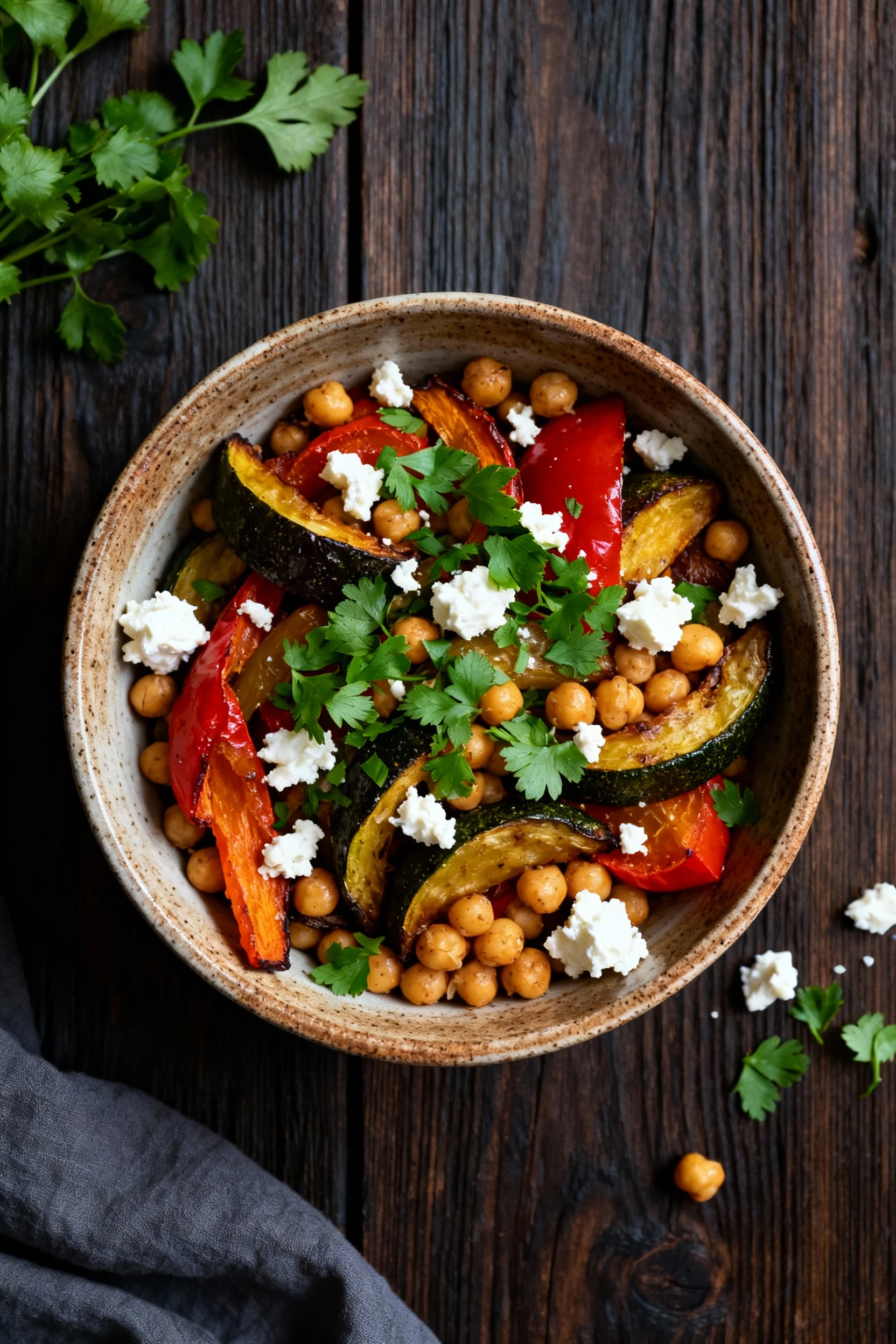 Overhead shot of final roasted vegetable and chickpea dish served in a rustic ceramic bowl, sprinkled with fresh chopped