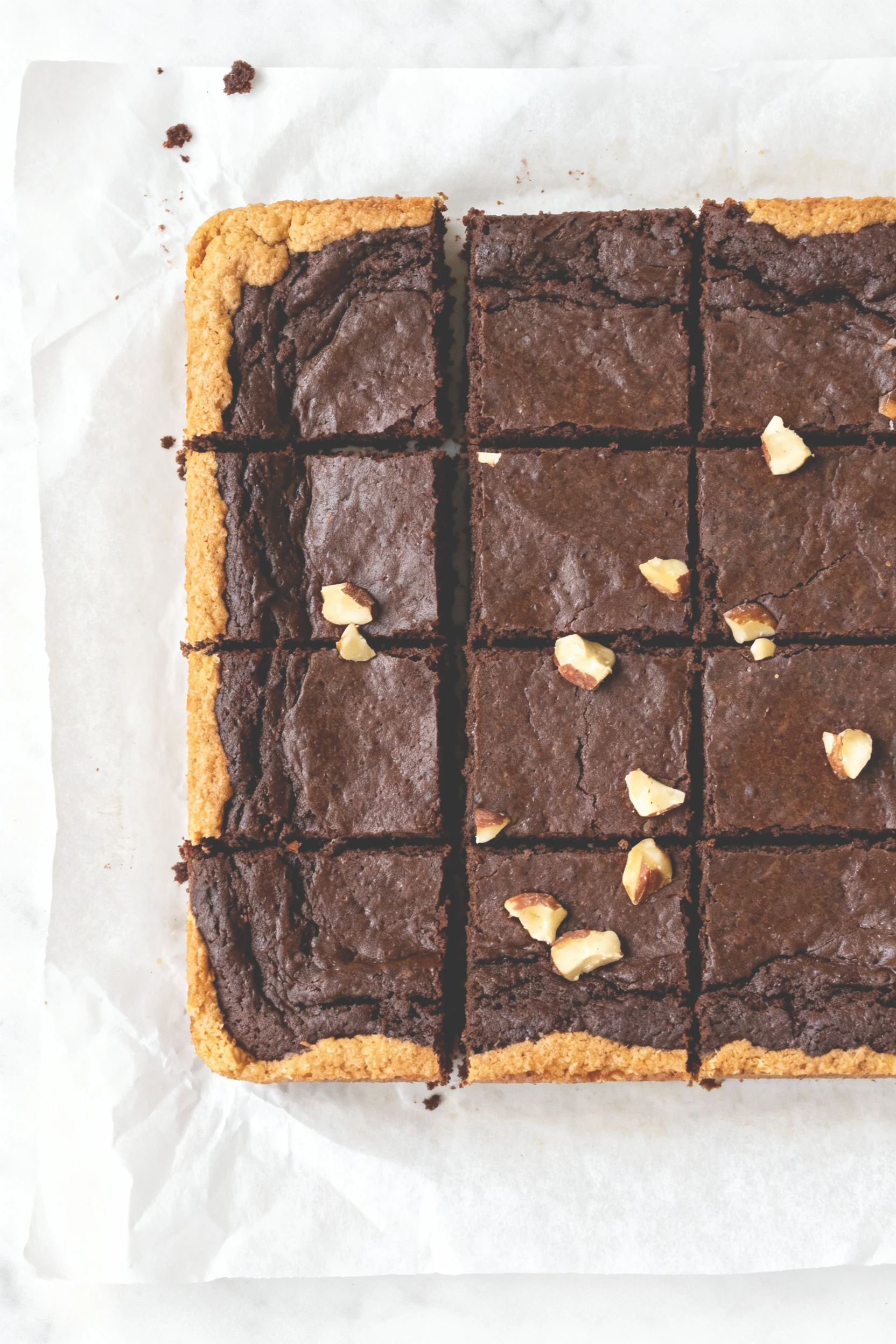 Overhead shot of perfectly cut brownie squares arranged neatly on parchment paper, a few with optional chopped nuts visi
