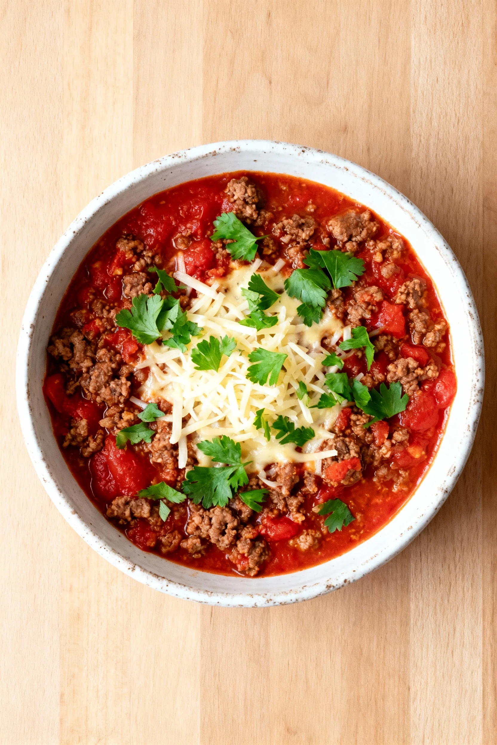 Overhead shot of a finished ground beef and tomato stew served in a rustic white bowl, topped with melted shredded chees